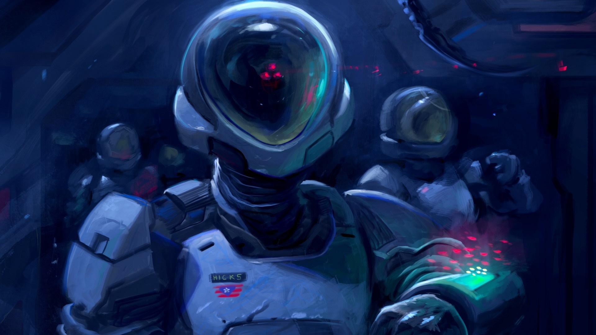Astronauts in futuristic suits inside a spaceship HD Wallpaper