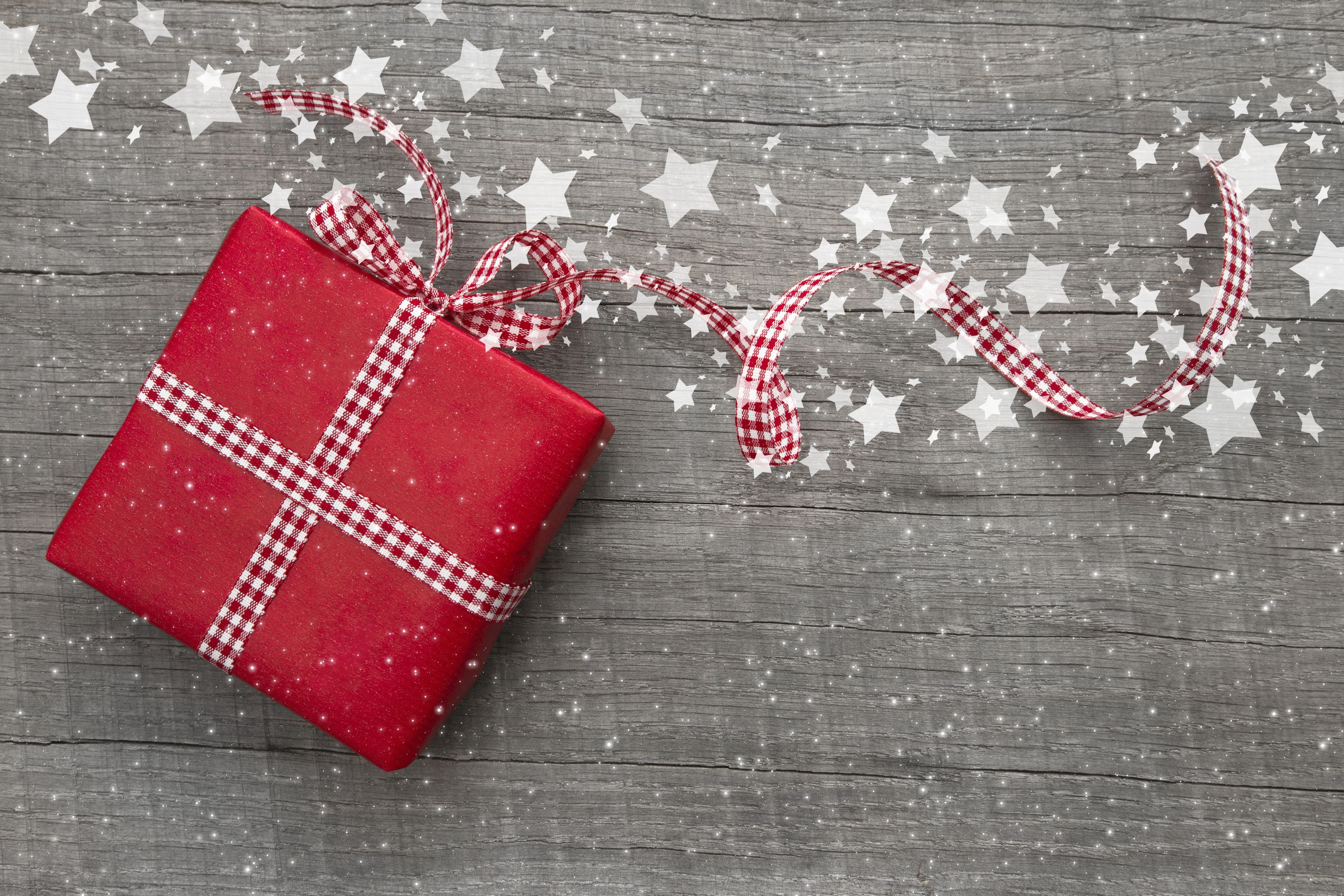 Red Christmas Gift with Ribbon and Stars HD Wallpaper