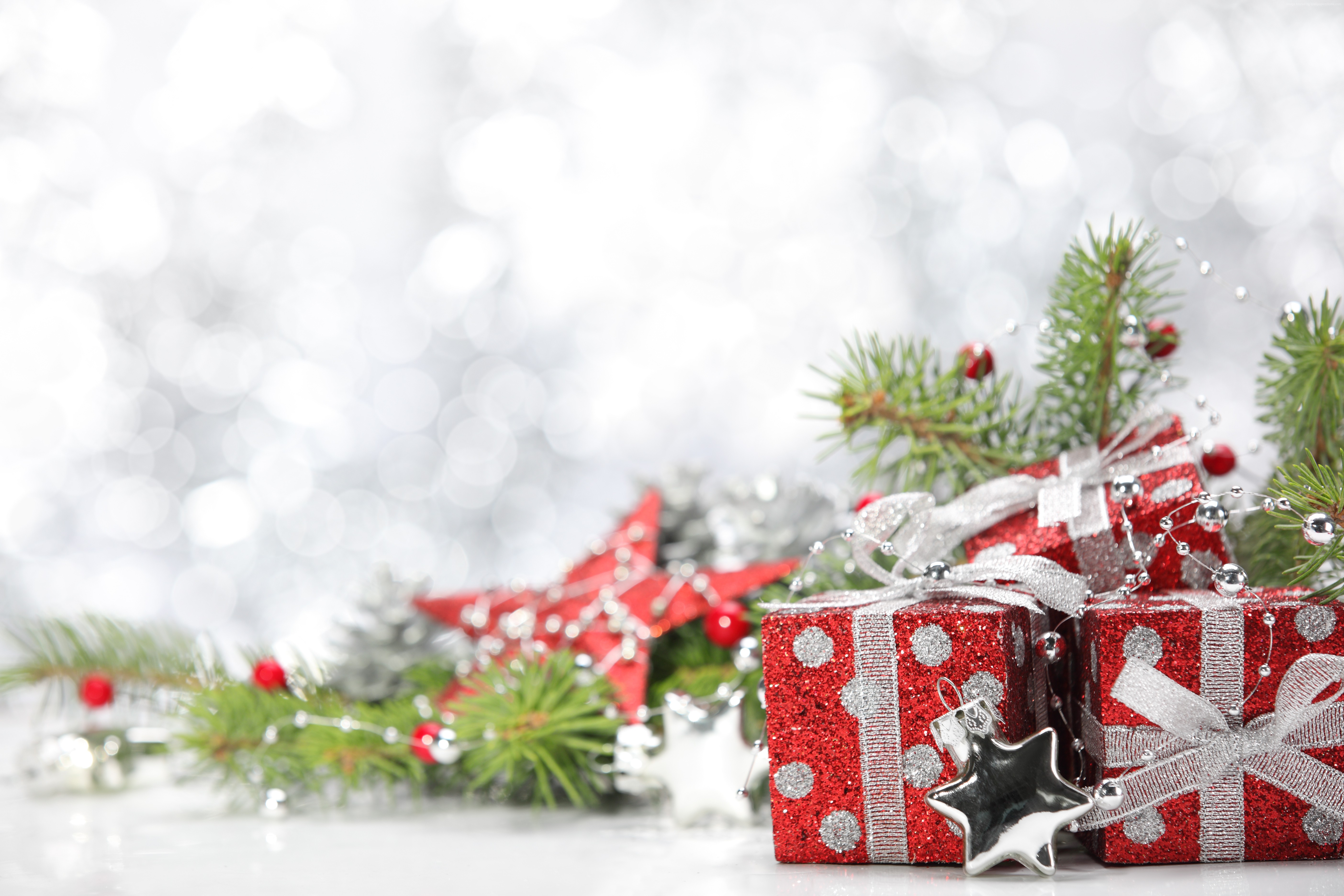 Christmas Gifts and Decorations with Pine Branches HD Wallpaper