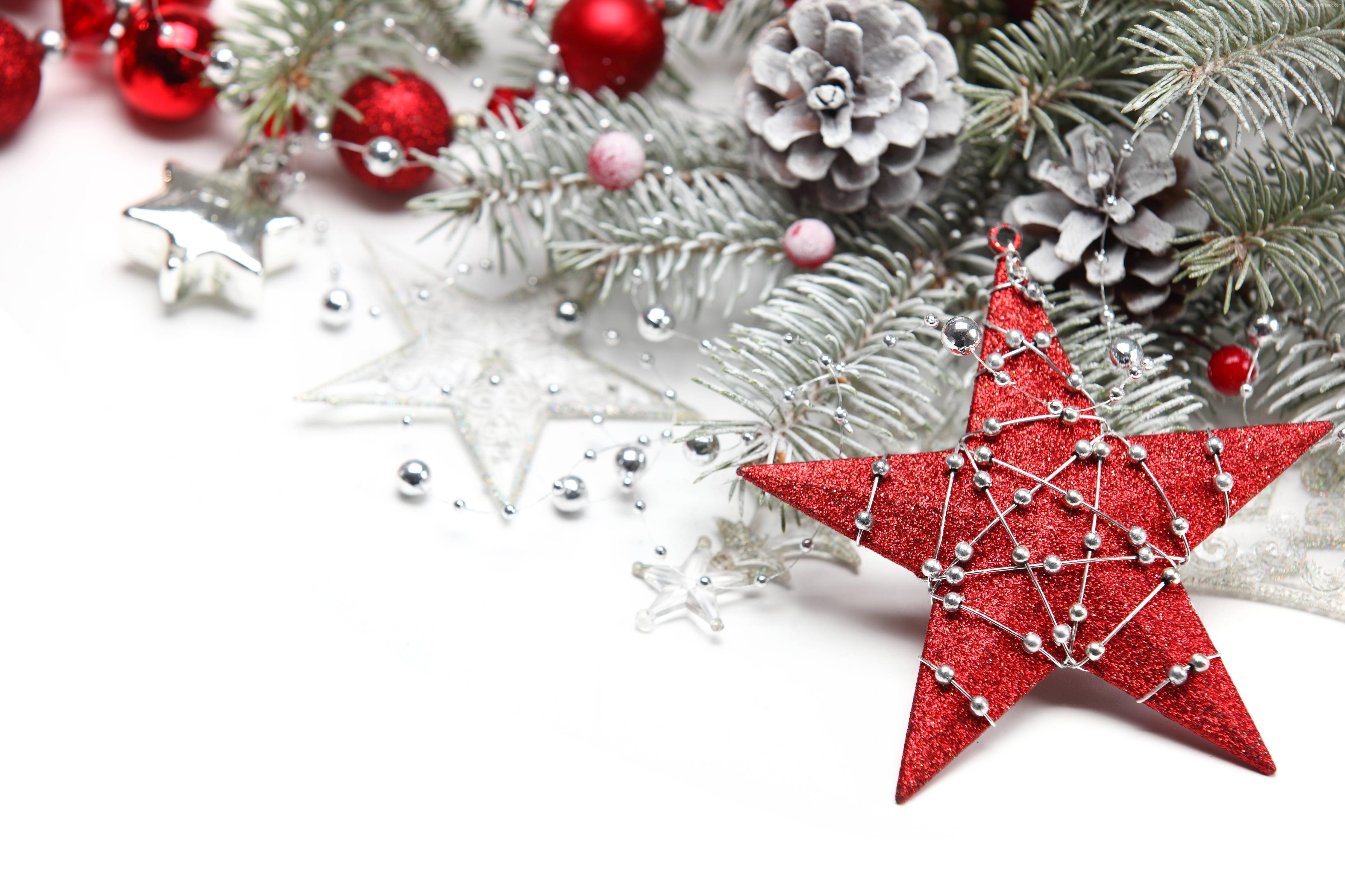 Christmas decorations with red stars and pine cones HD Wallpaper