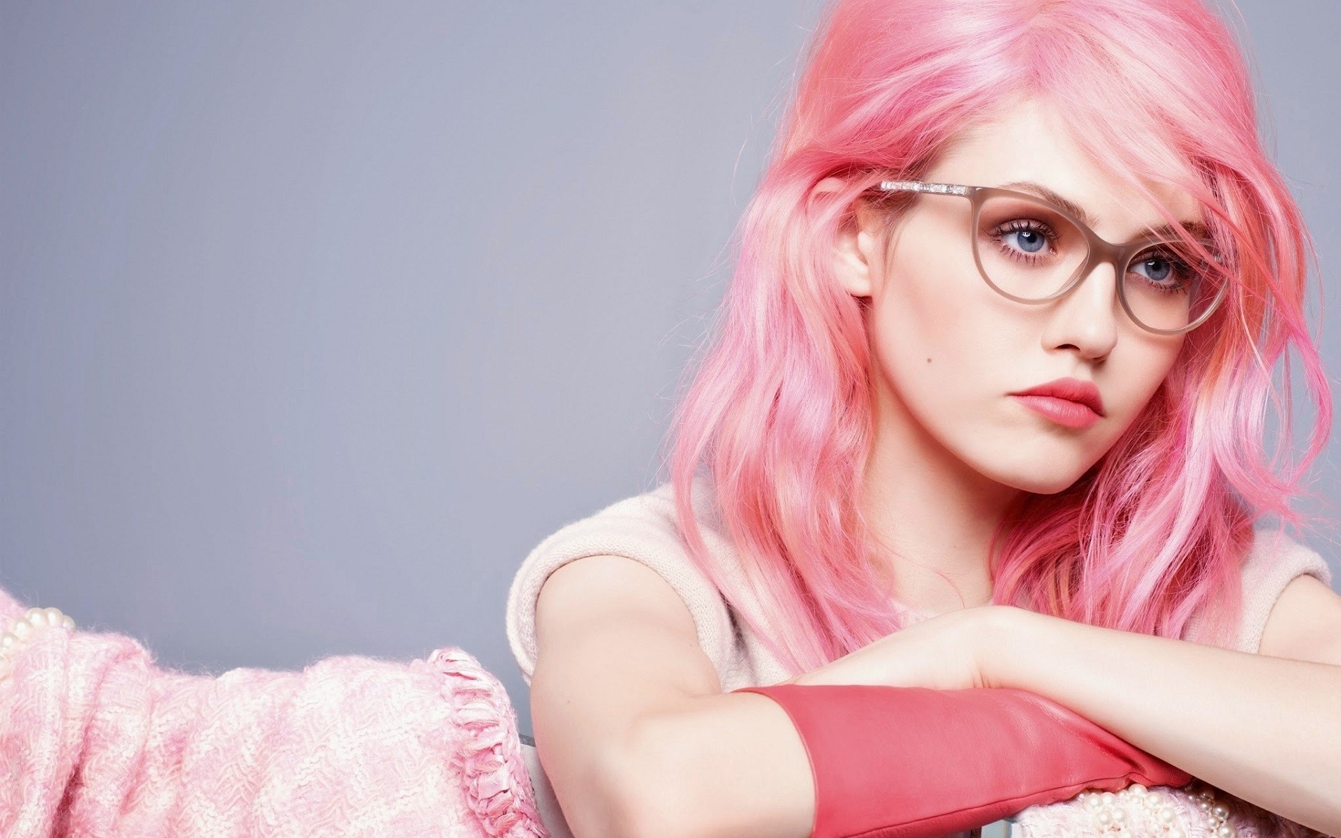 Portrait of Woman with Pink Dyed Hair and Glasses HD Wallpaper