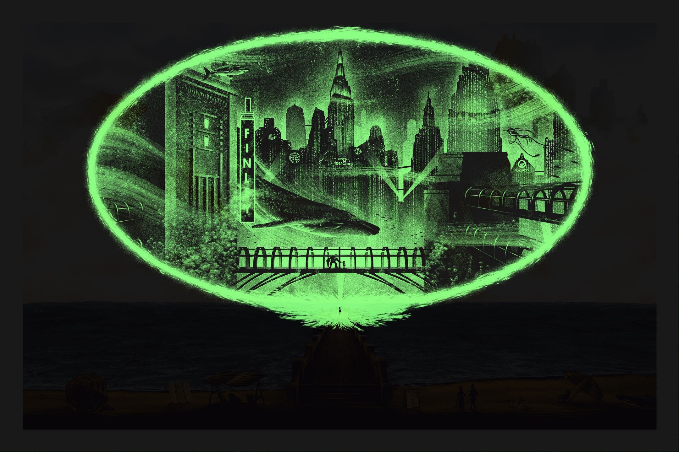 BioShock Infinite city skyline within a green oval HD Wallpaper