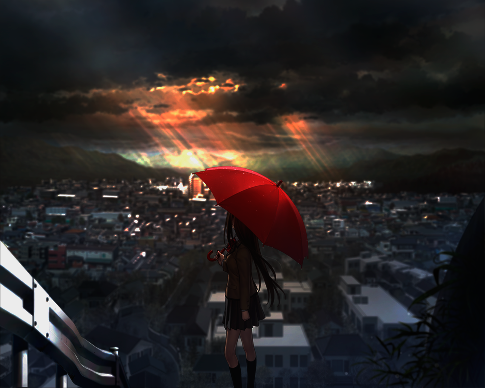 Anime girl with red umbrella overlooking city at sunset HD Wallpaper