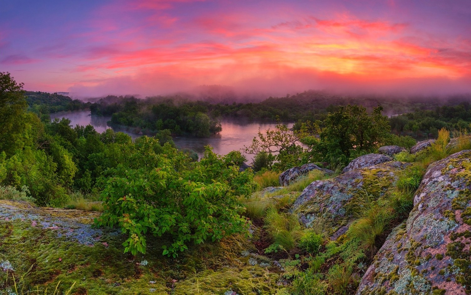 Misty river valley at sunrise with colorful clouds HD Wallpaper