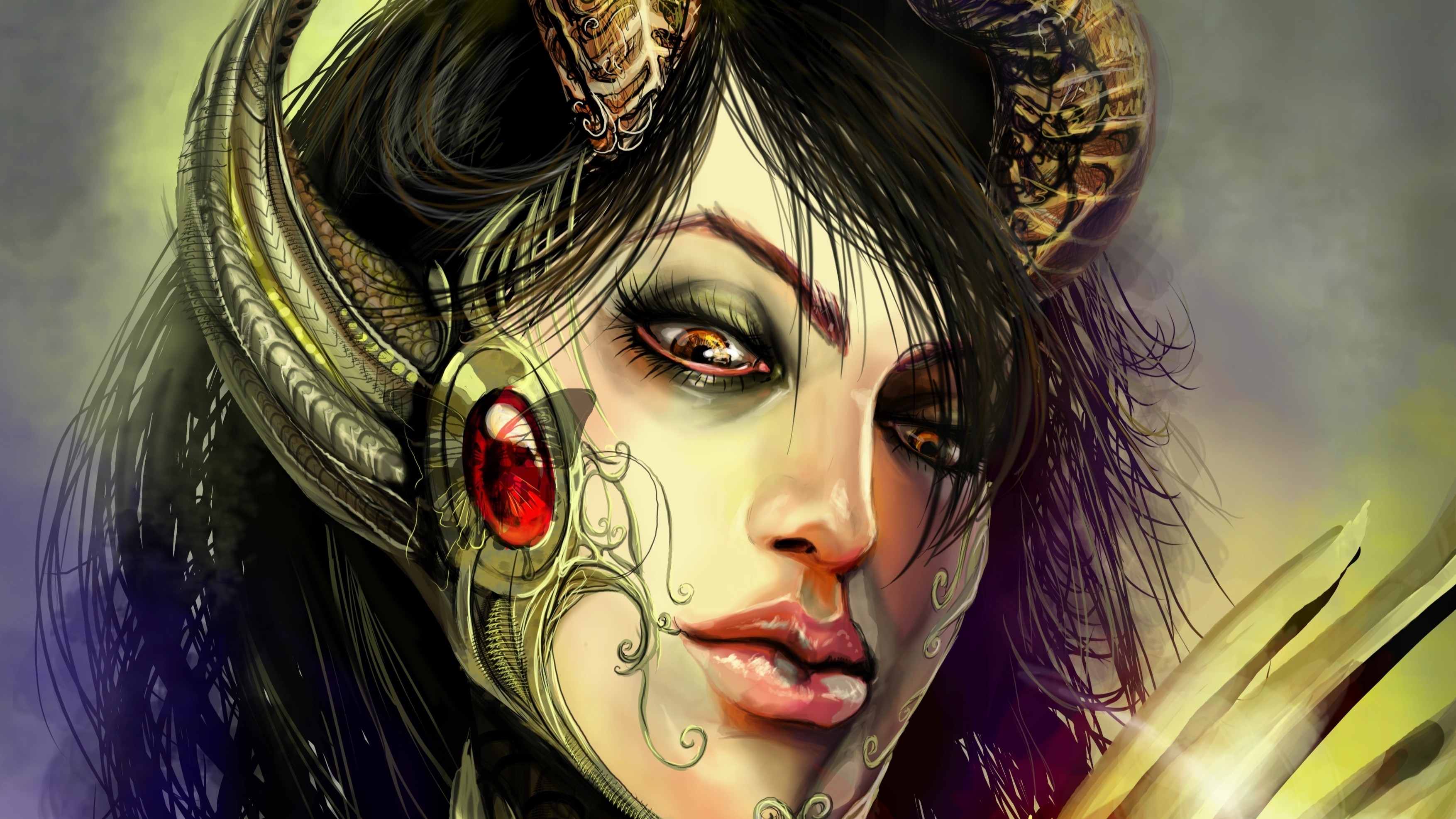 Close up of a woman with horns and ornate headpiece HD Wallpaper