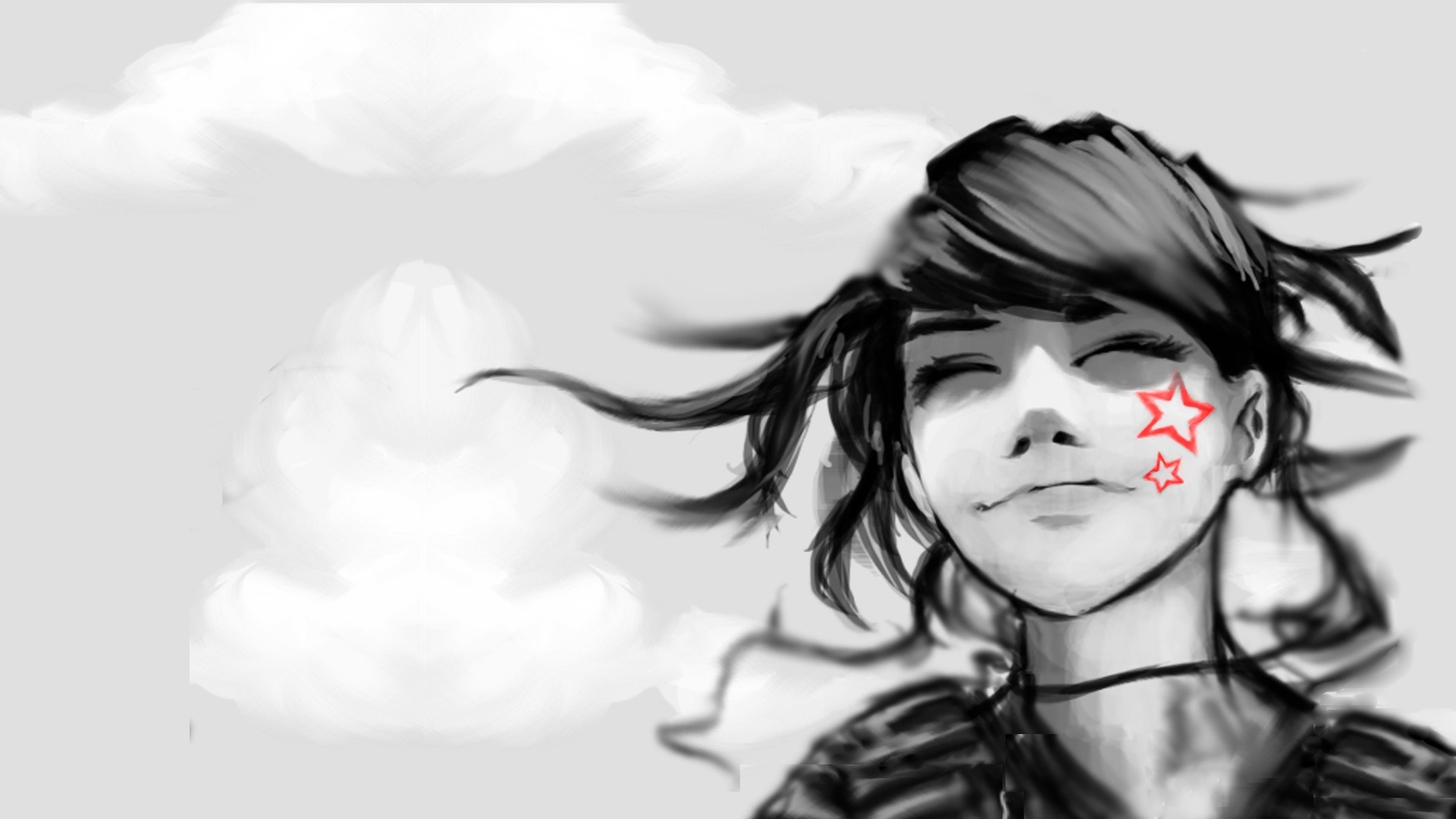 Anime girl with stars on her face and windblown hair HD Wallpaper