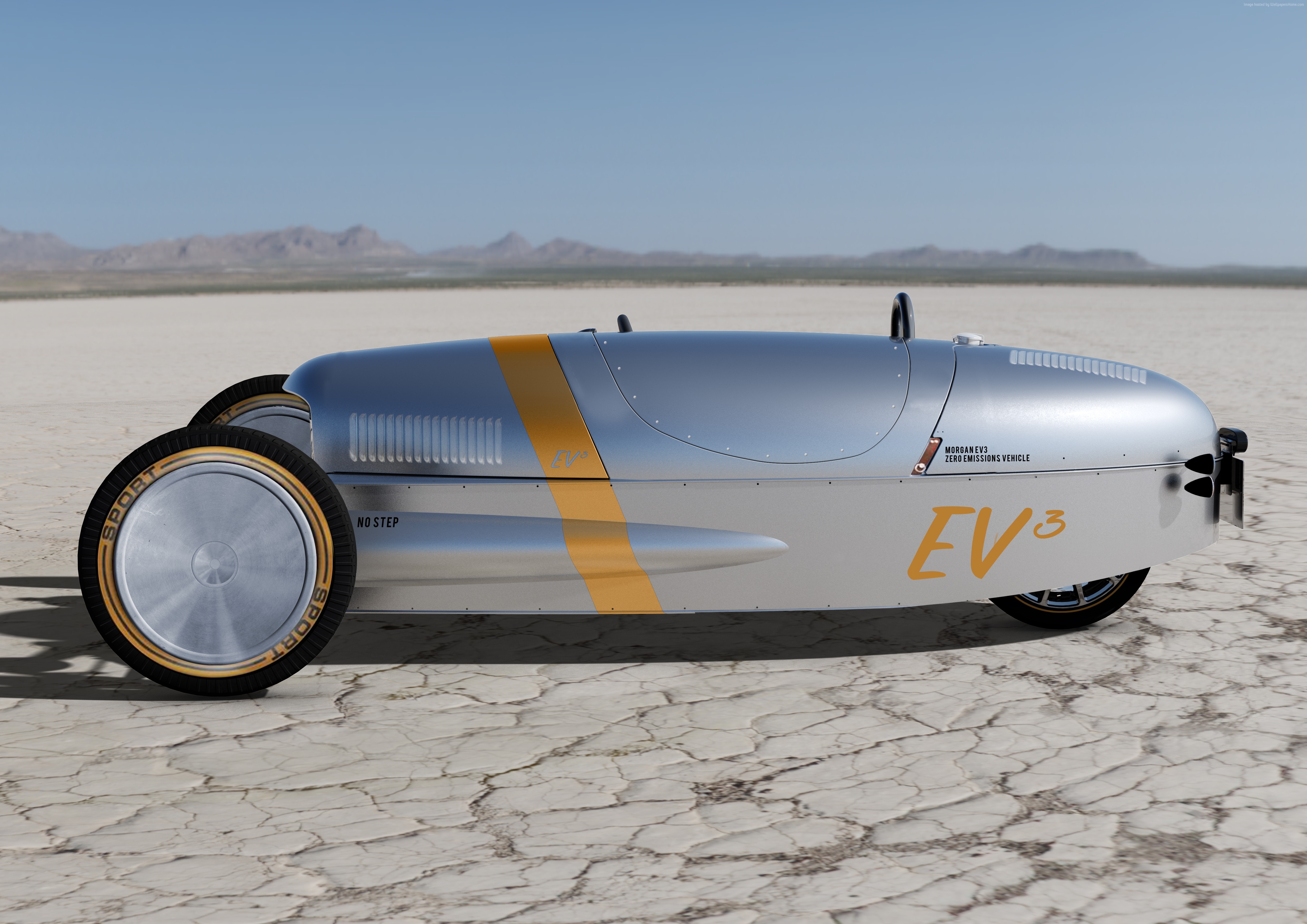 Morgan EV3 electric sport car on a dry lake bed HD Wallpaper