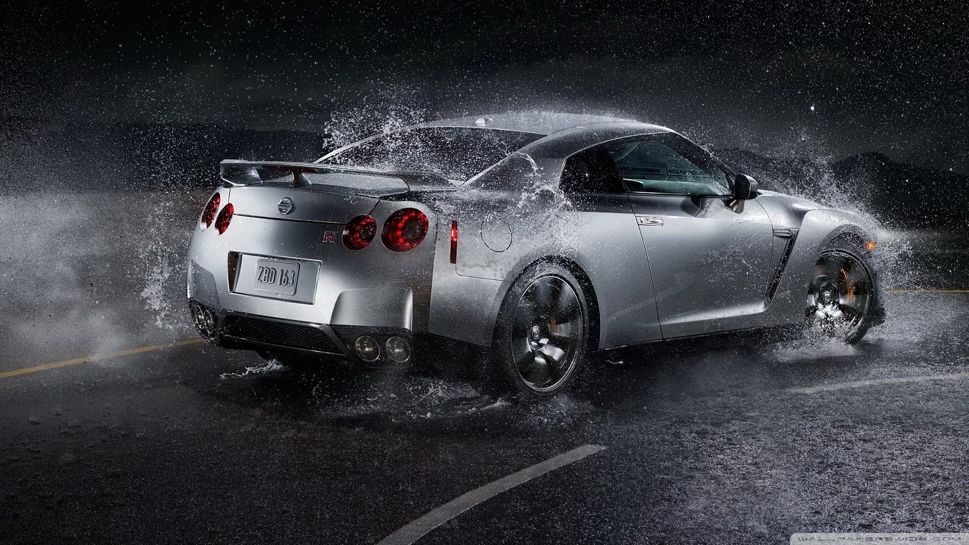 Silver Nissan GT-R driving through water HD Wallpaper