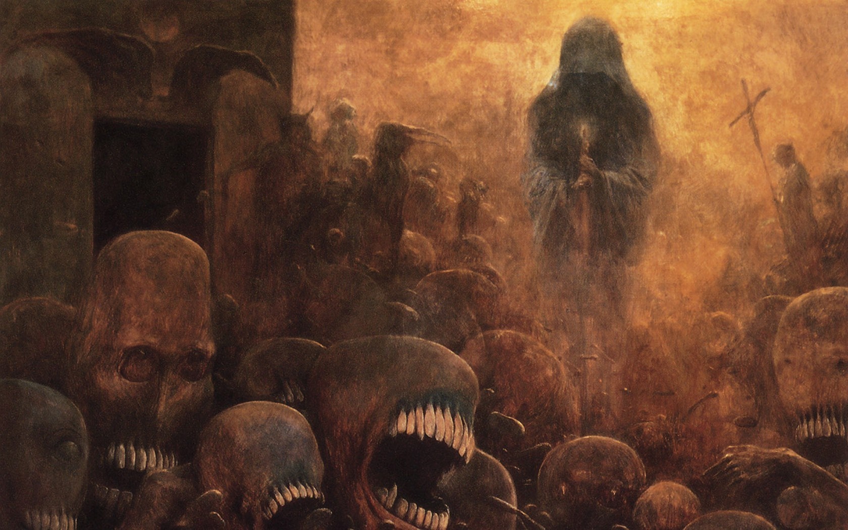 Painting of a dark, hellish landscape with skulls and figures HD Wallpaper