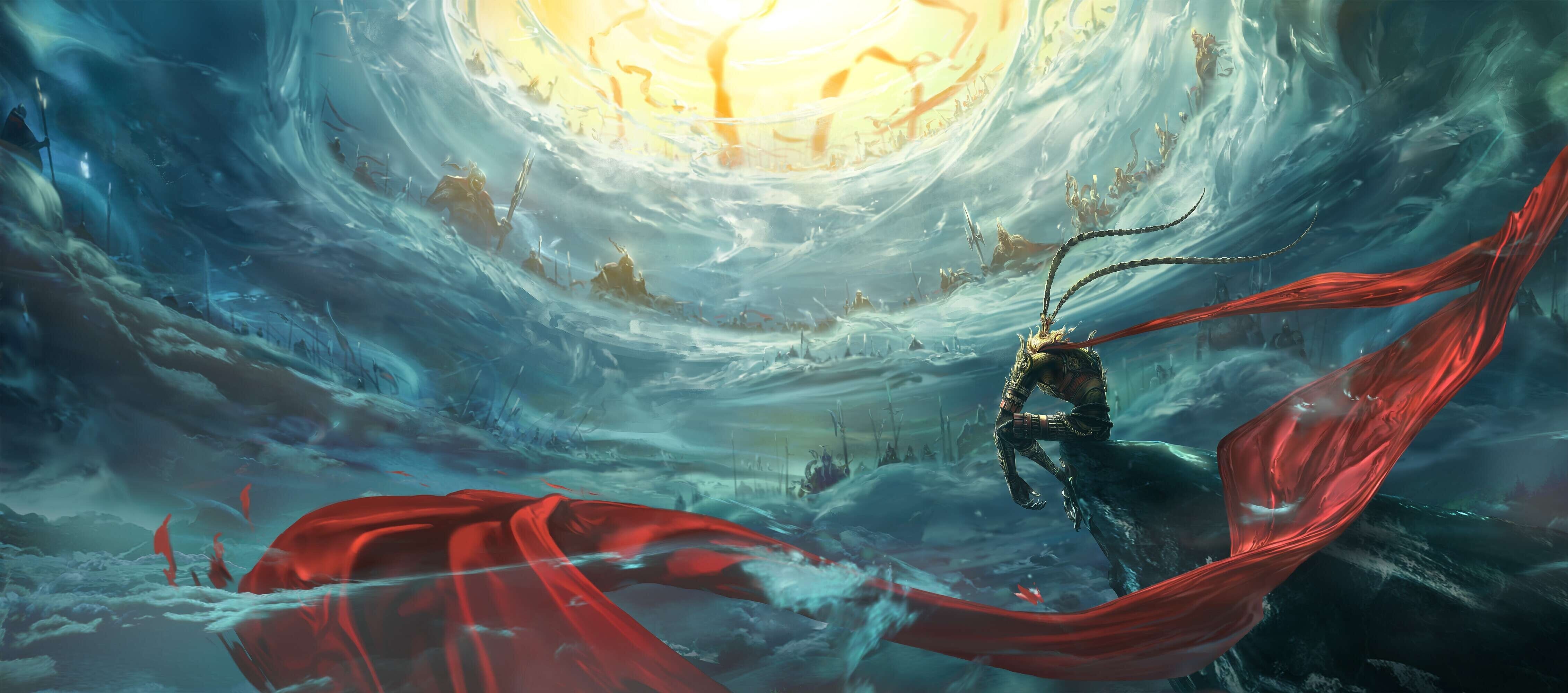Monkey King in a cosmic vortex with armies HD Wallpaper