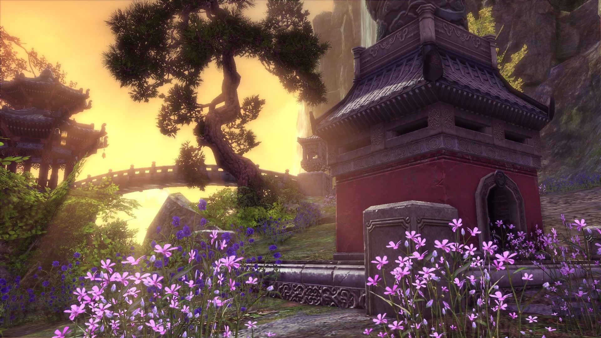 Blade & Soul estate with flowers and bridge HD Wallpaper