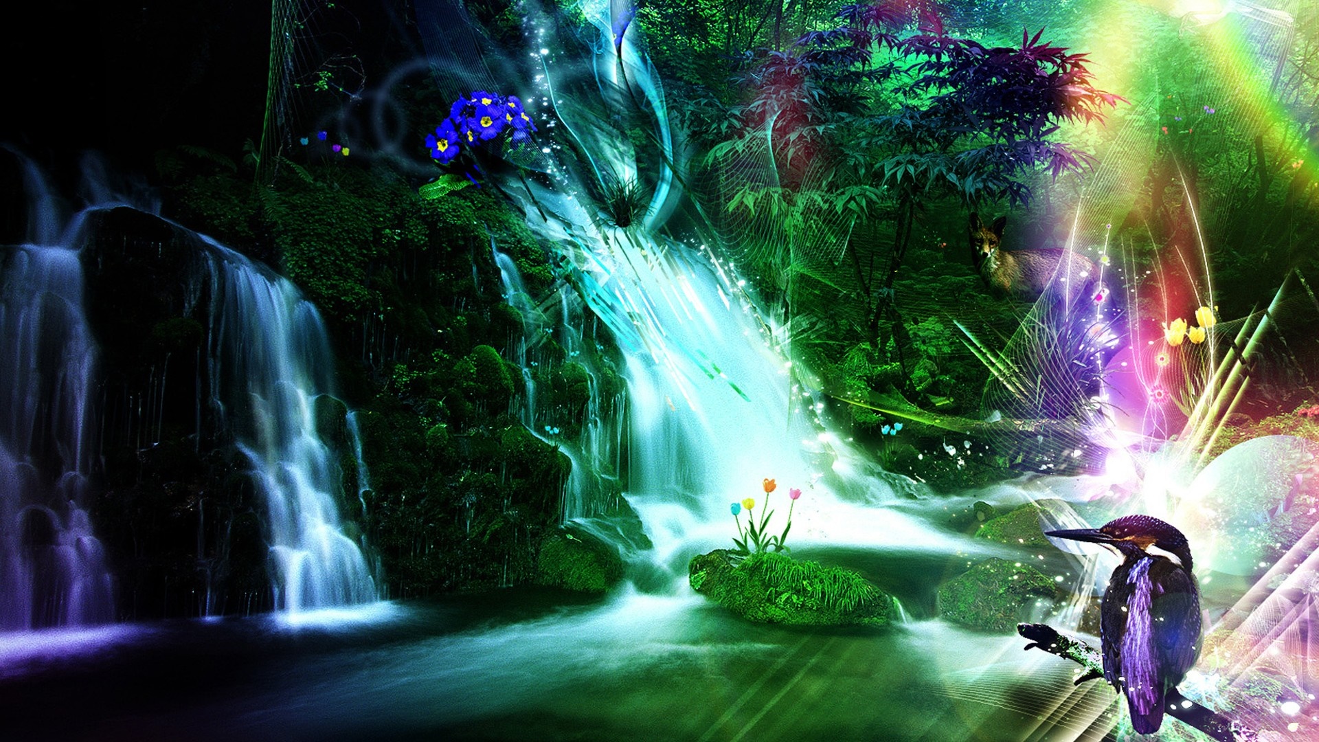 Fantasy waterfall with bird and abstract elements HD Wallpaper