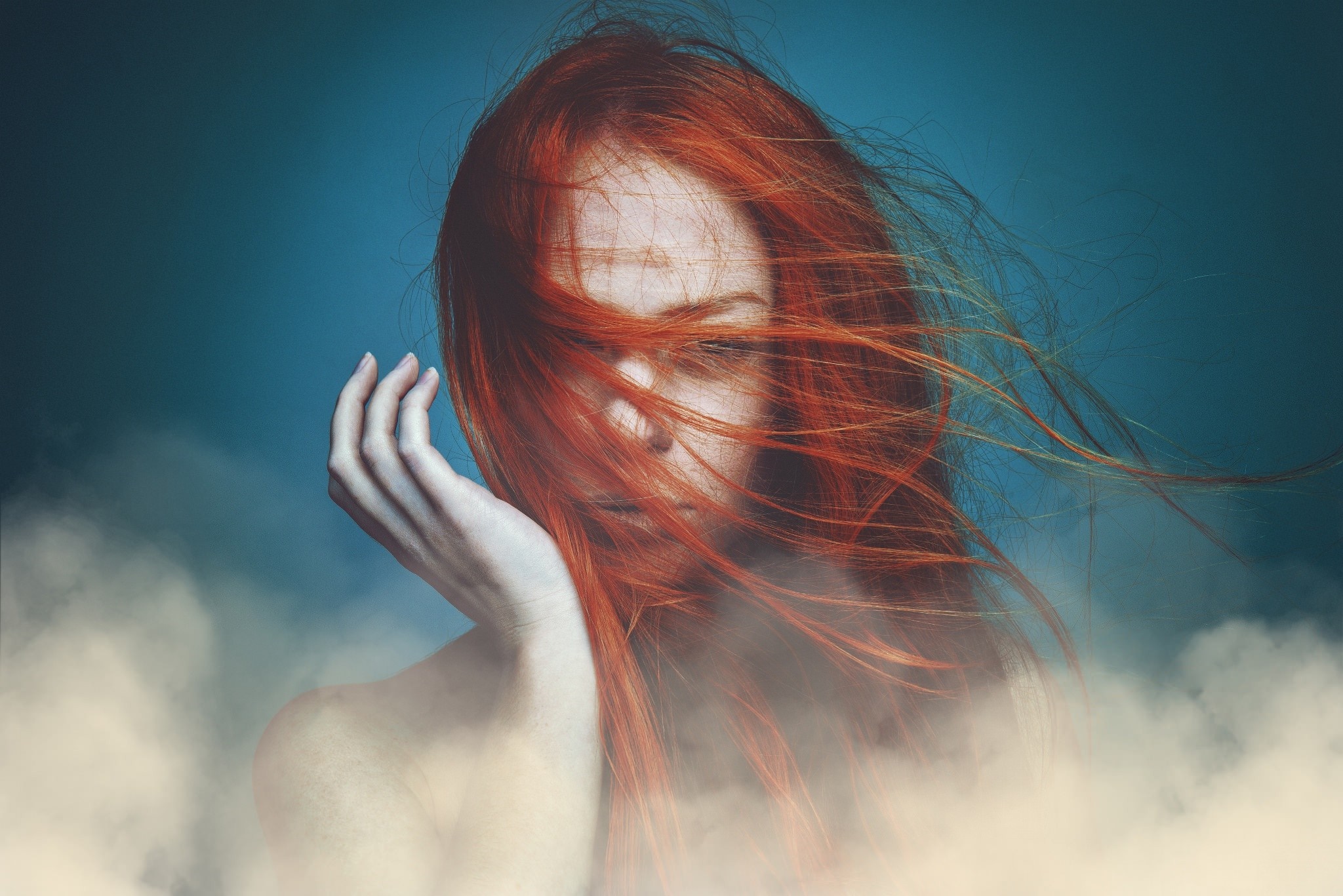 Woman with red hair in clouds HD Wallpaper