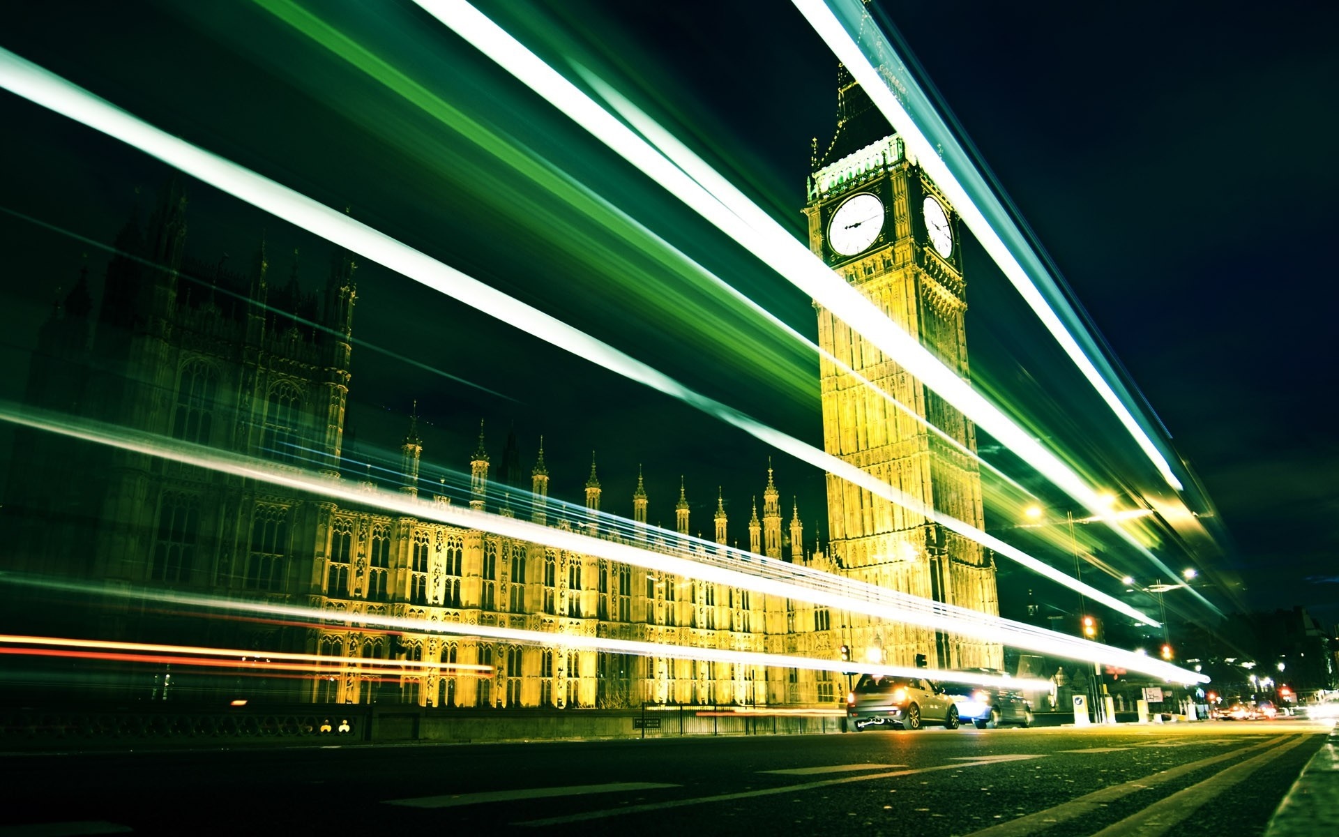Big Ben and Houses of Parliament at night with light trails HD Wallpaper