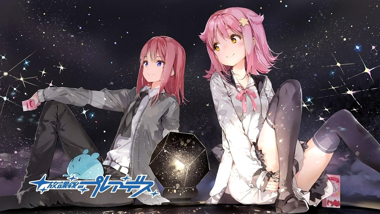 Two anime girls sitting under a starry sky with a planetarium HD Wallpaper