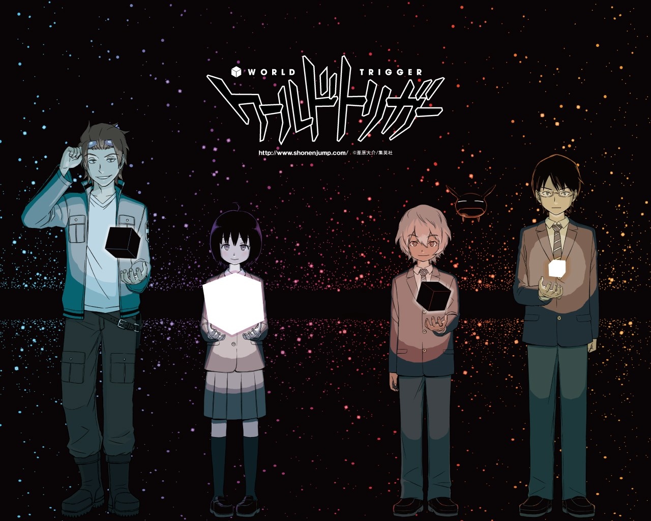 World Trigger characters holding cubes in space HD Wallpaper