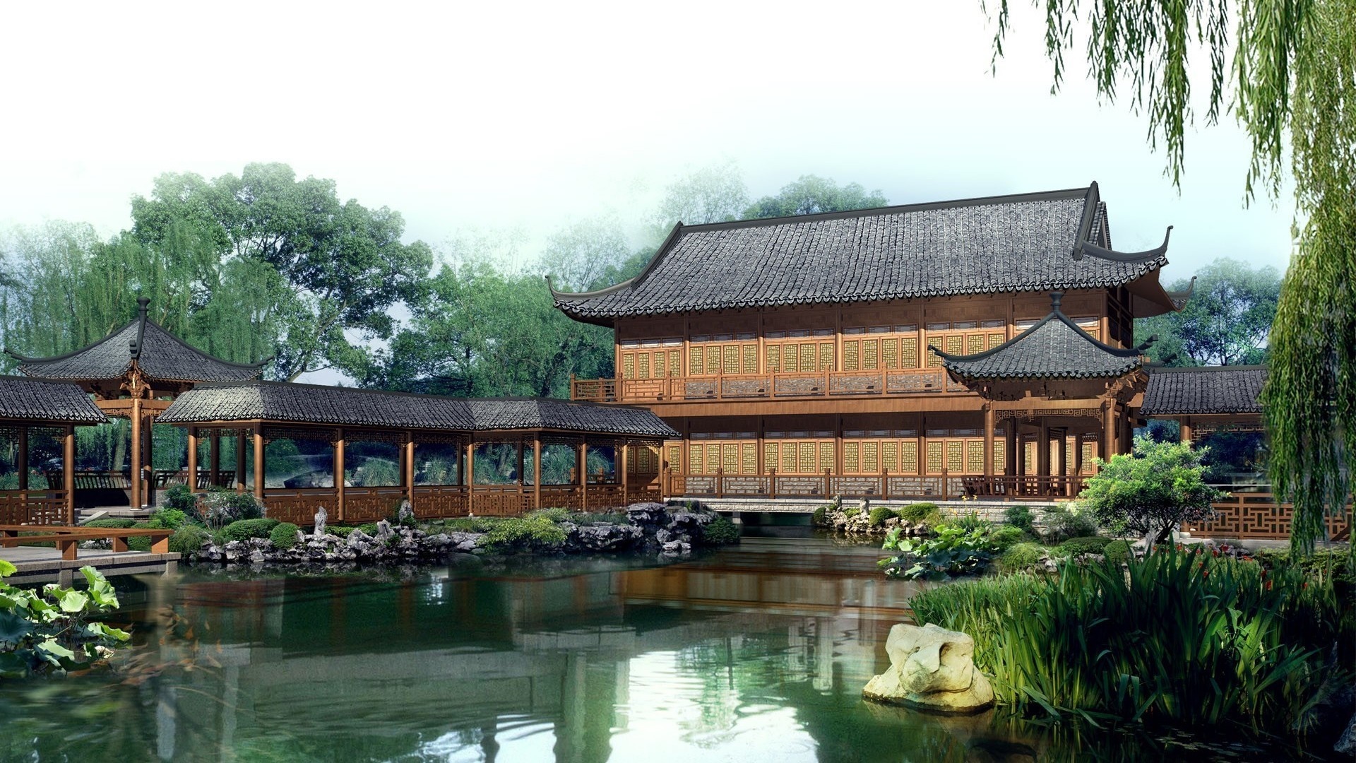 Traditional Chinese garden with a pond and pavilion HD Wallpaper