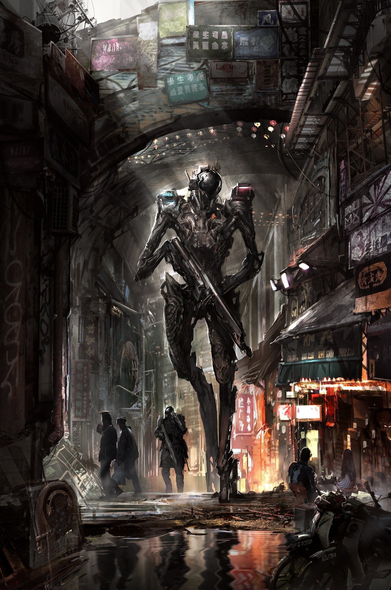 Giant robot with rifle in a futuristic city alley HD Wallpaper