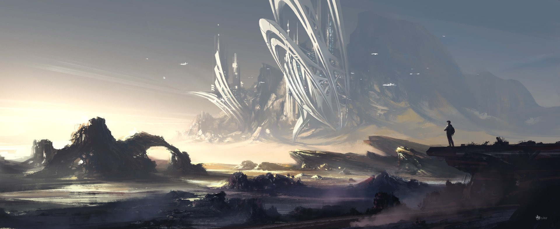 Futuristic city on a rocky alien planet at dawn HD Wallpaper