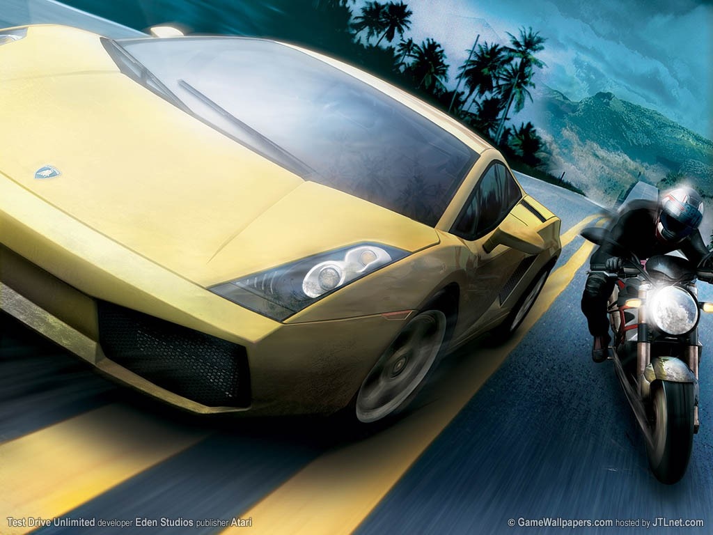 Yellow Lamborghini and Motorcycle in Test Drive Unlimited HD Wallpaper