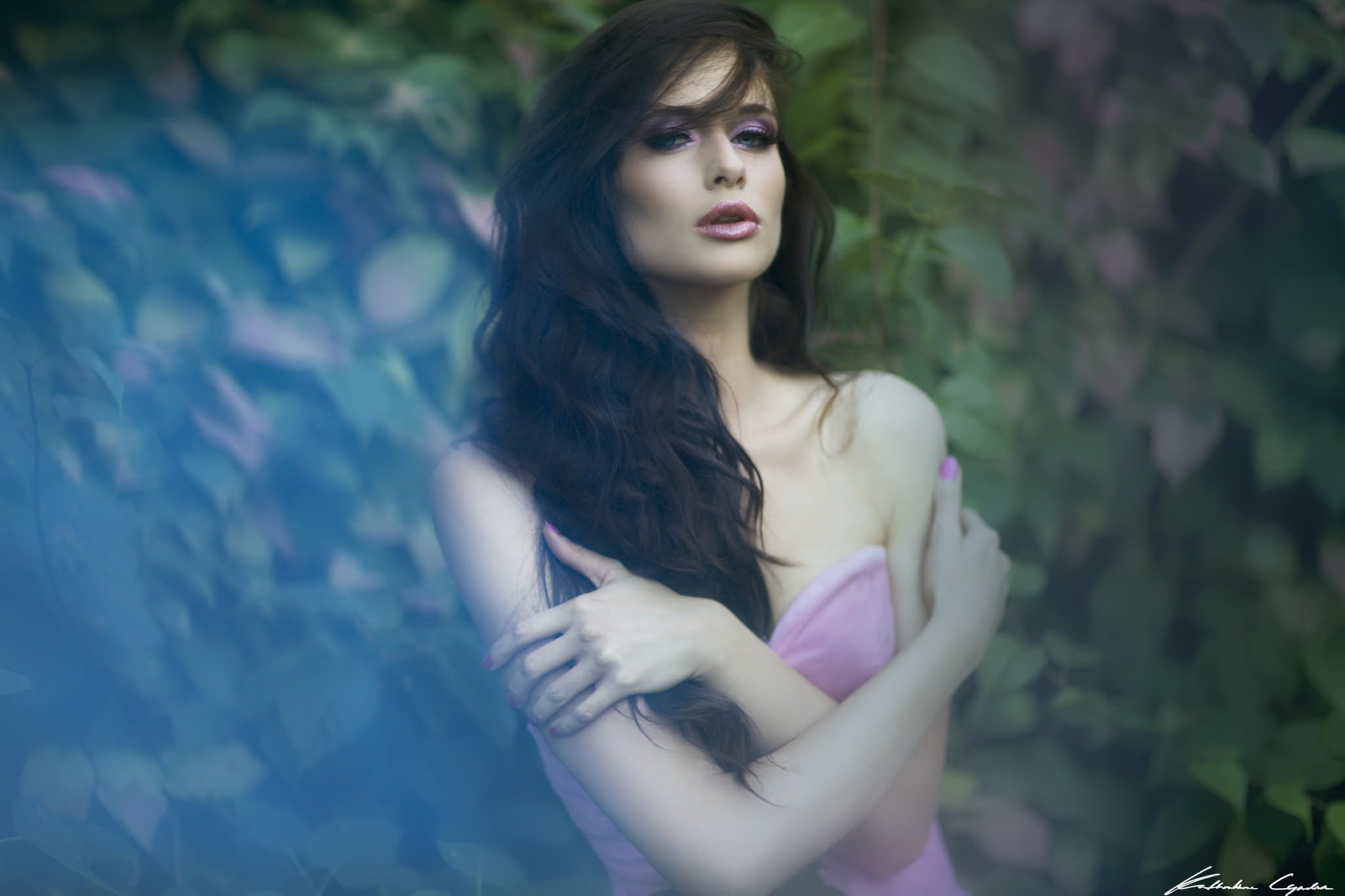 Woman with long dark hair and pink dress HD Wallpaper