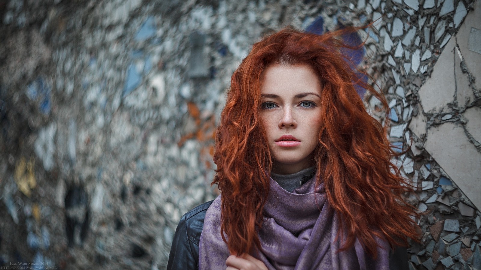 Redhead woman with blue eyes and purple scarf HD Wallpaper
