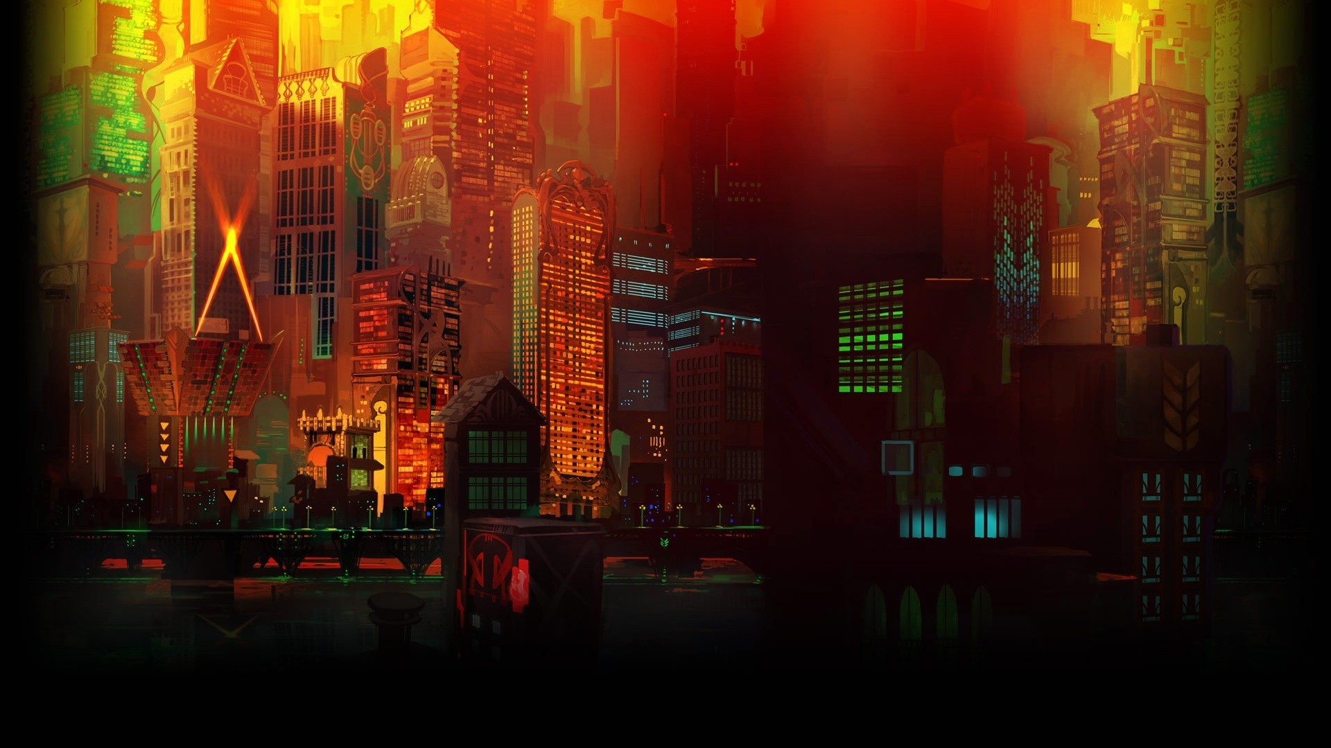 Cyberpunk cityscape with glowing windows at night HD Wallpaper