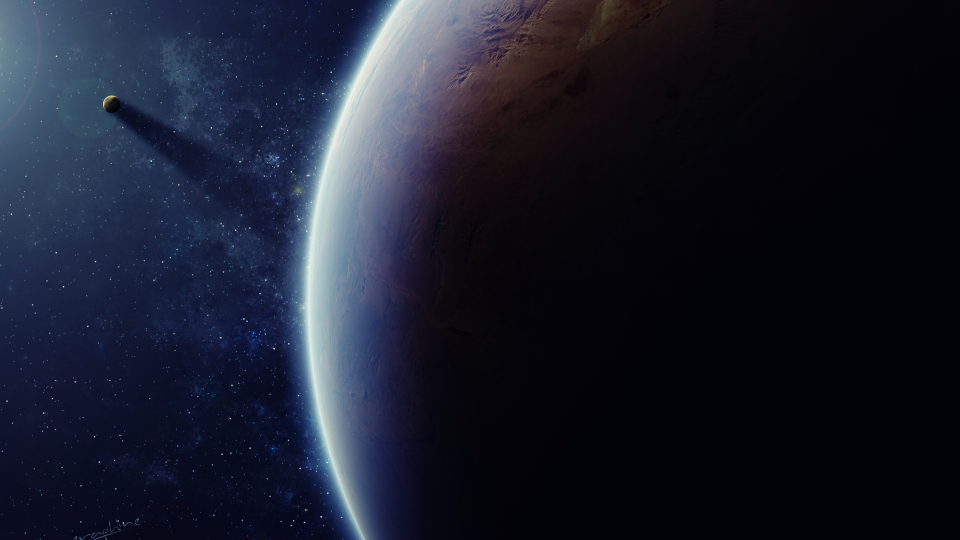 Planet and moon in outer space with stars HD Wallpaper