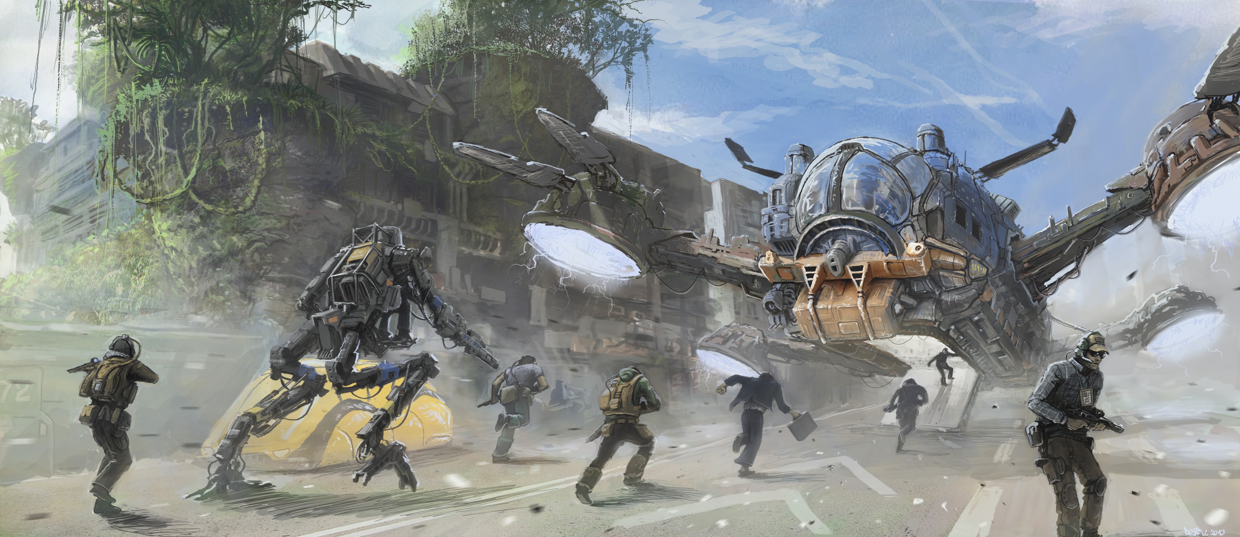 Mecha and soldiers in a futuristic, overgrown city HD Wallpaper