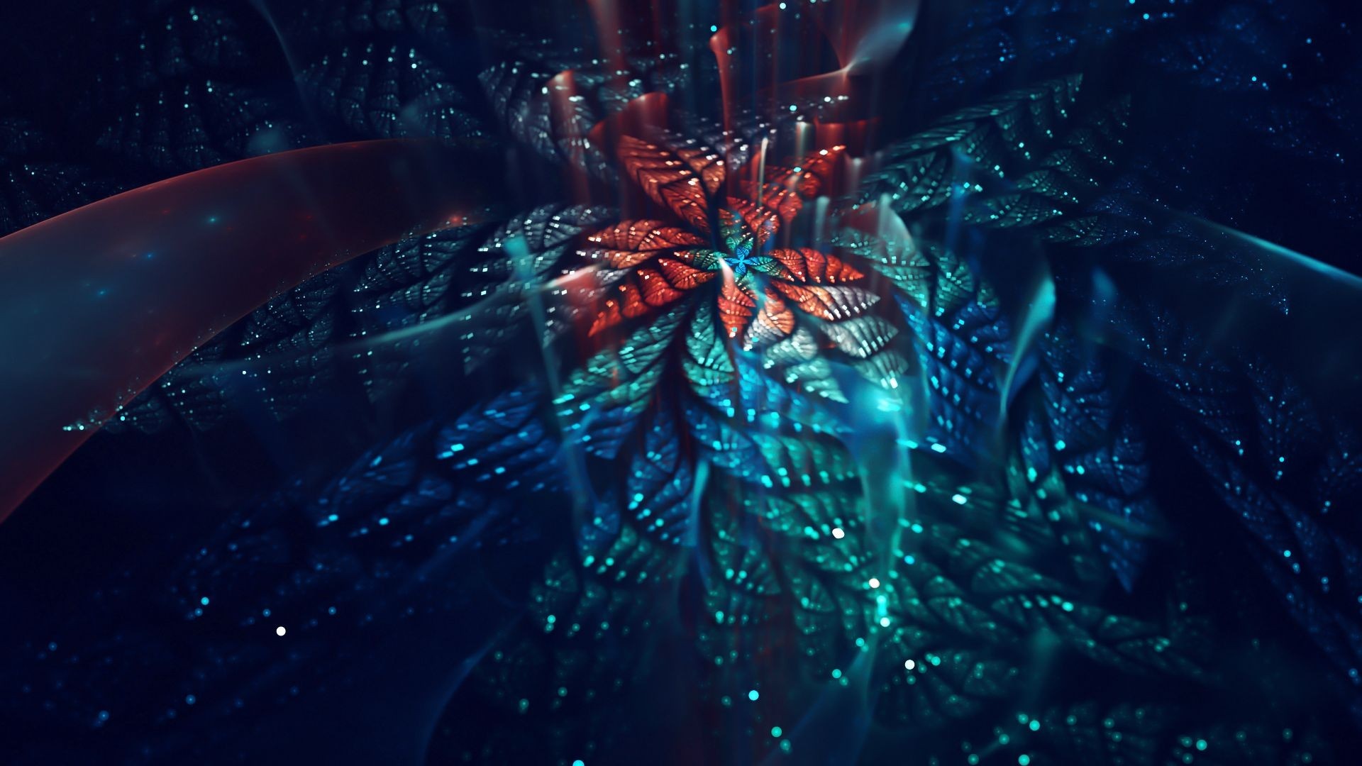 Abstract fractal art with red and blue glowing elements HD Wallpaper