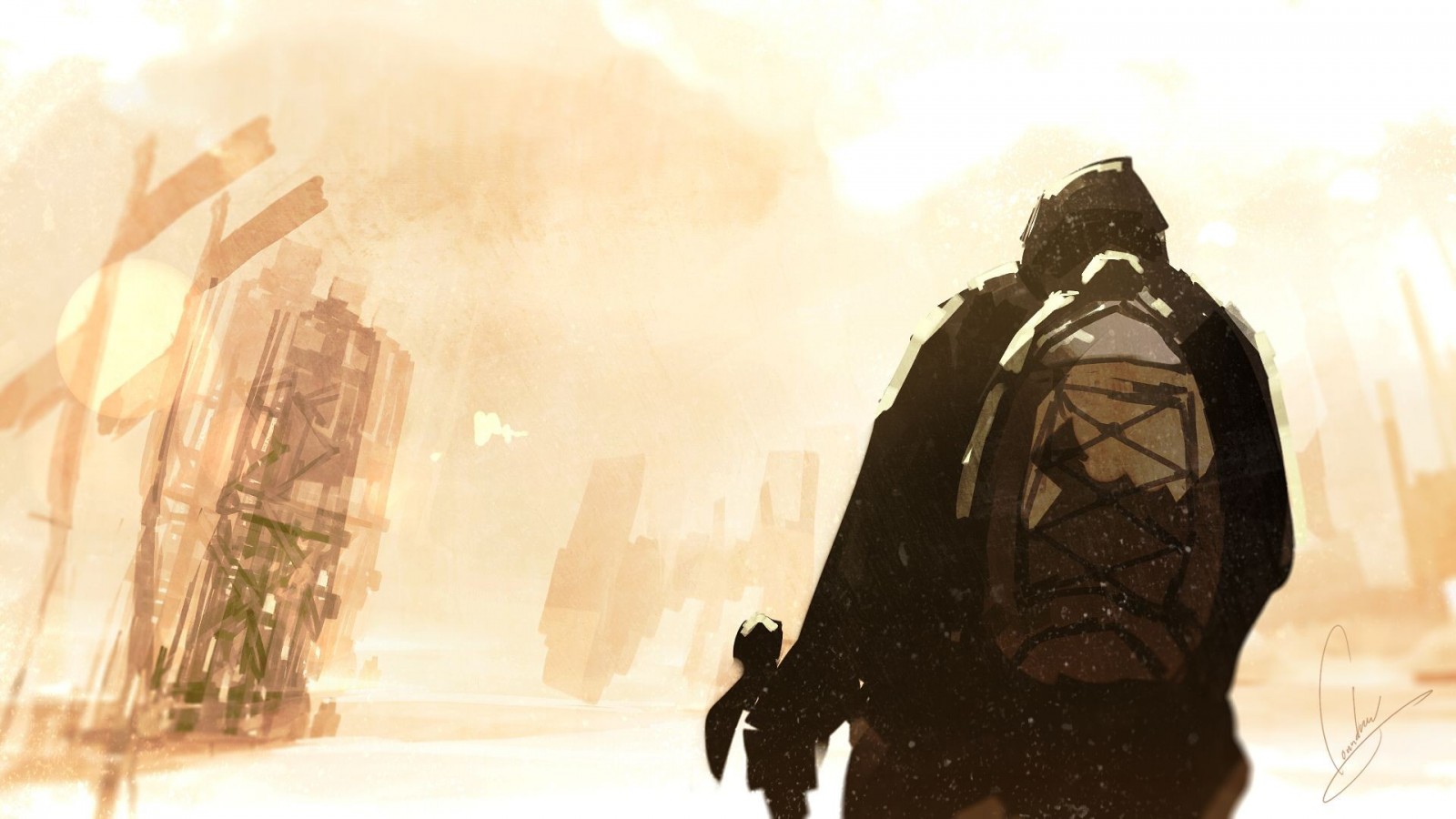 Person with backpack in a desolate city HD Wallpaper