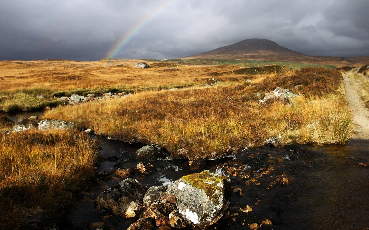 Rainbow over a Scottish Highland landscape with a stream HD Wallpaper