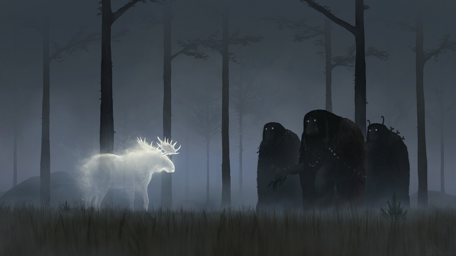 Ghostly moose confronts dark creatures in misty forest HD Wallpaper
