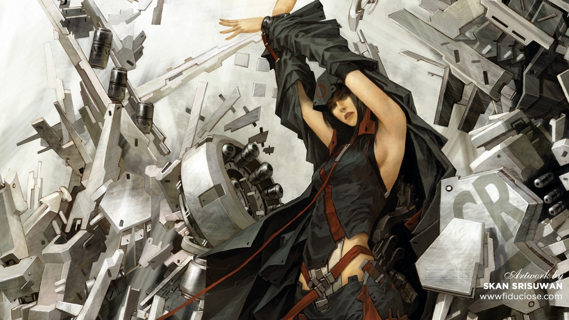 Soldier in a black outfit with mechanical debris HD Wallpaper
