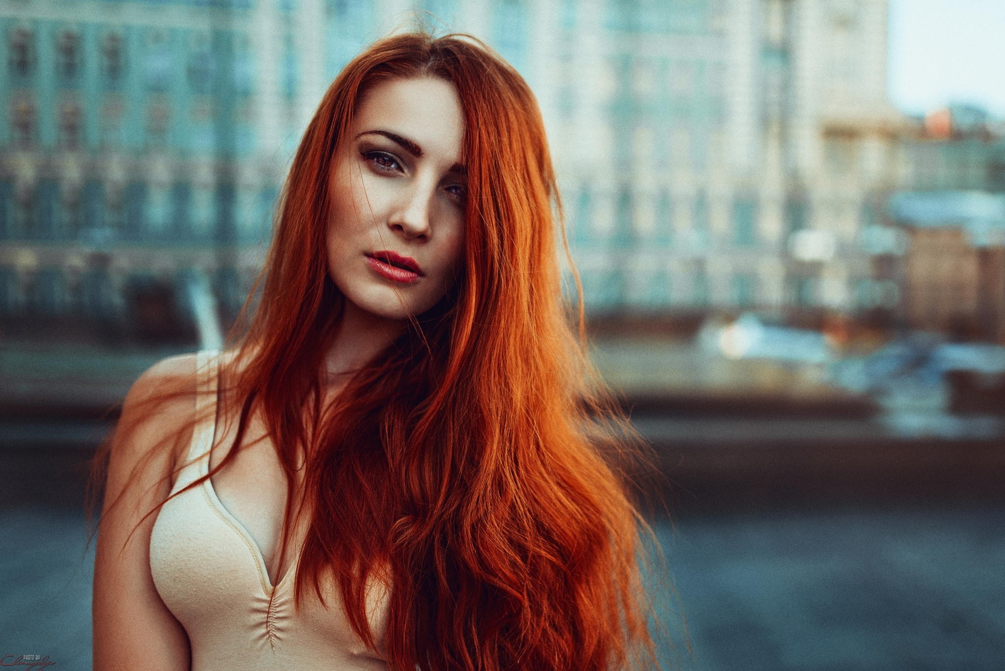 Woman with long red hair in a beige top HD Wallpaper