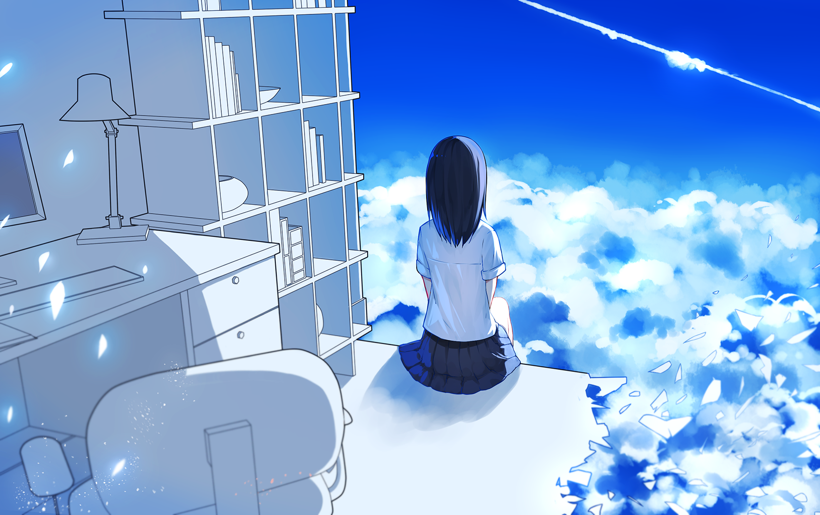 Anime girl sitting on edge of building overlooking clouds HD Wallpaper