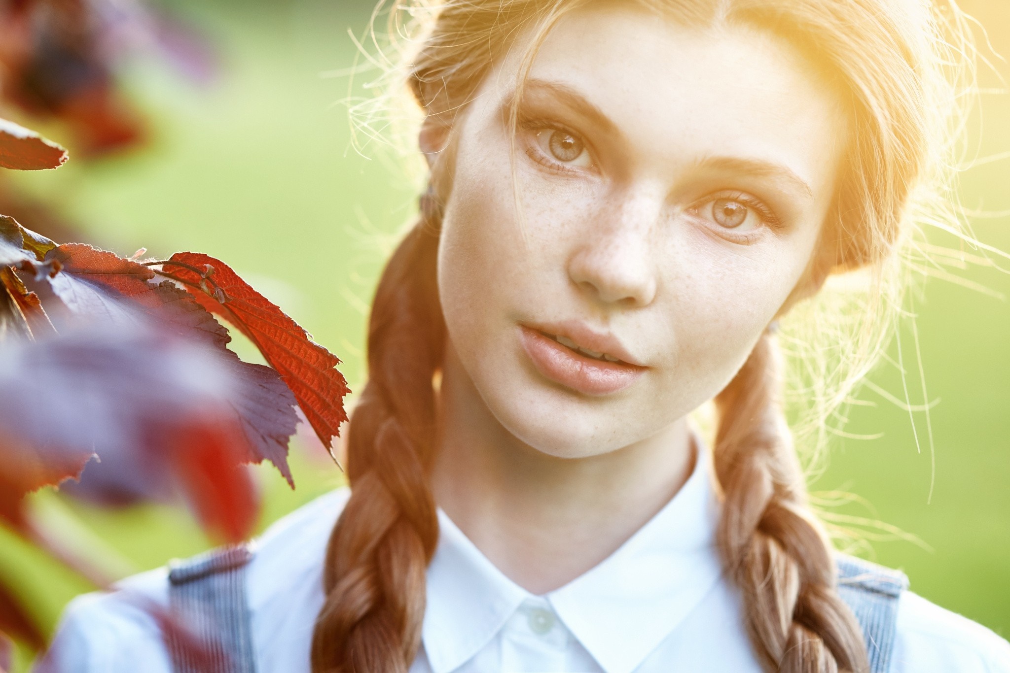 Portrait of Young Woman with Braided Hair and Freckles HD Wallpaper