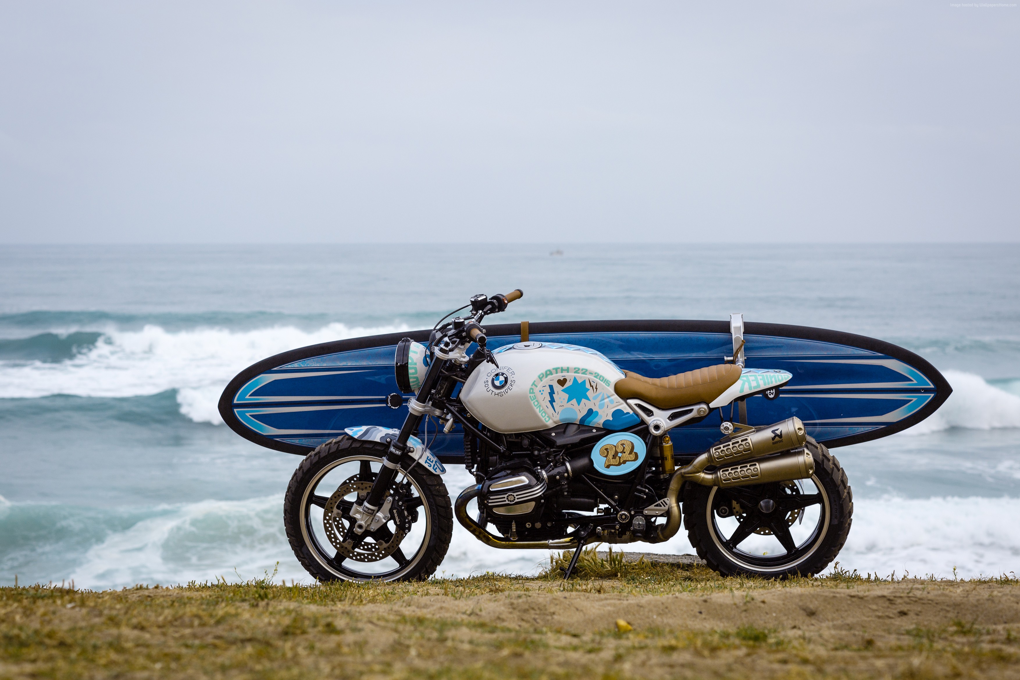 BMW R nineT custom motorcycle with surfboard HD Wallpaper