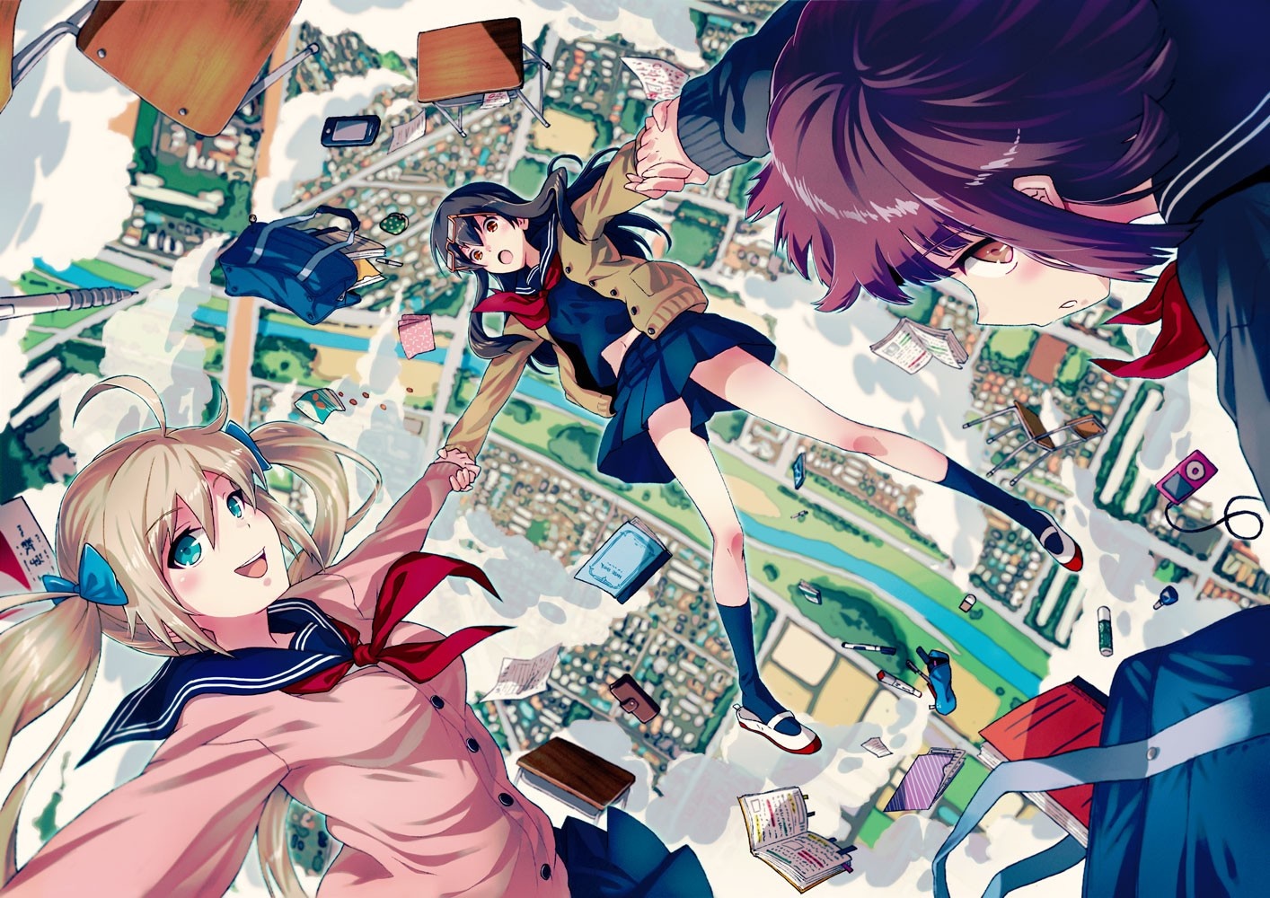 Anime girls in school uniforms falling through the sky HD Wallpaper