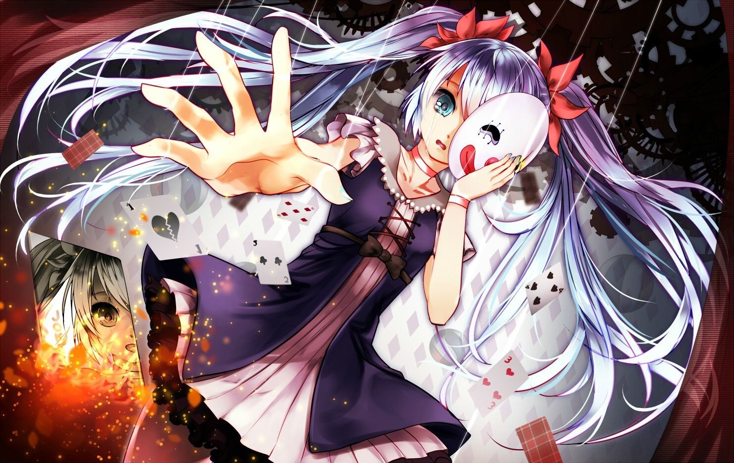Anime girl with mask and playing cards HD Wallpaper