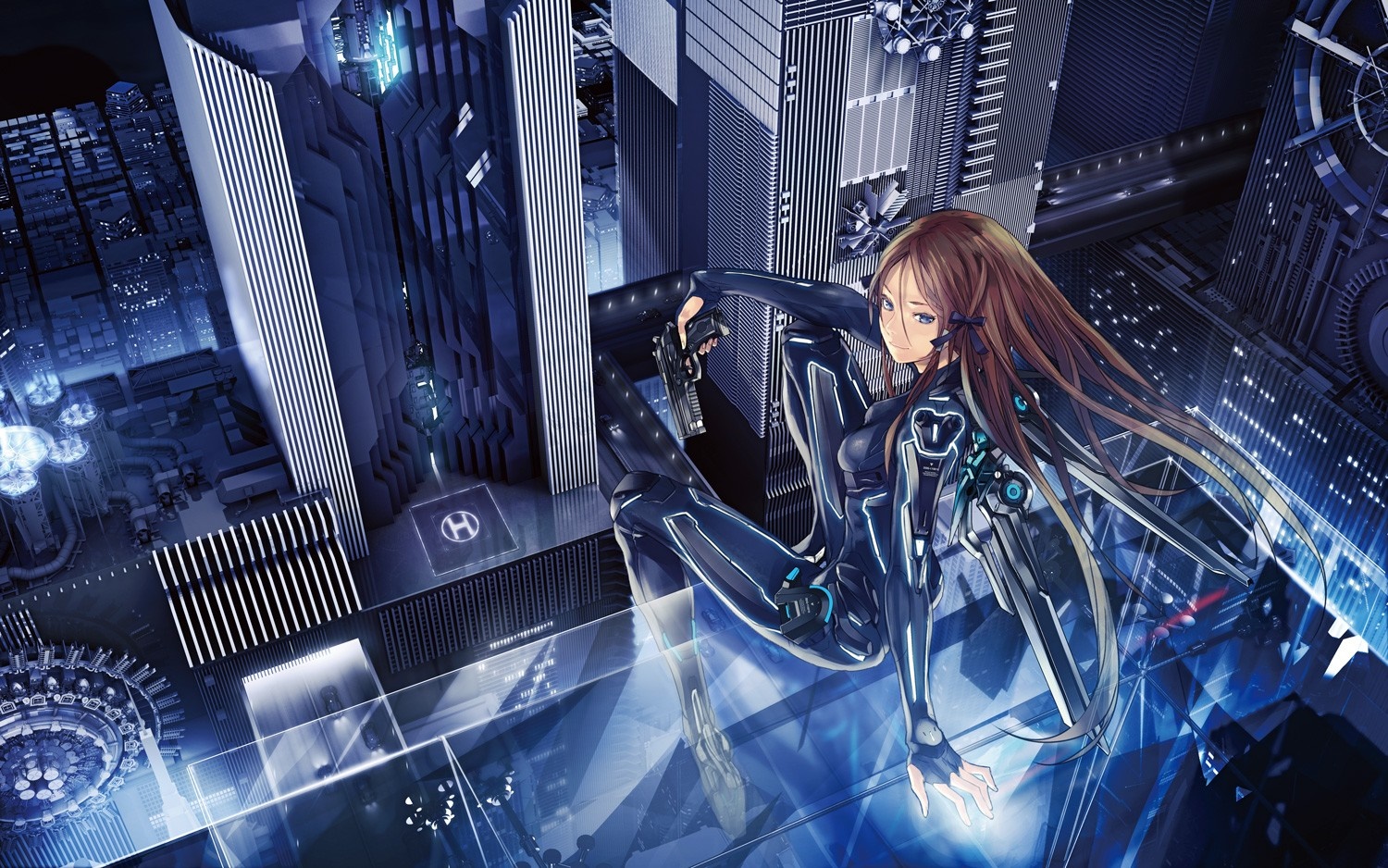 Anime girl with gun in futuristic city HD Wallpaper
