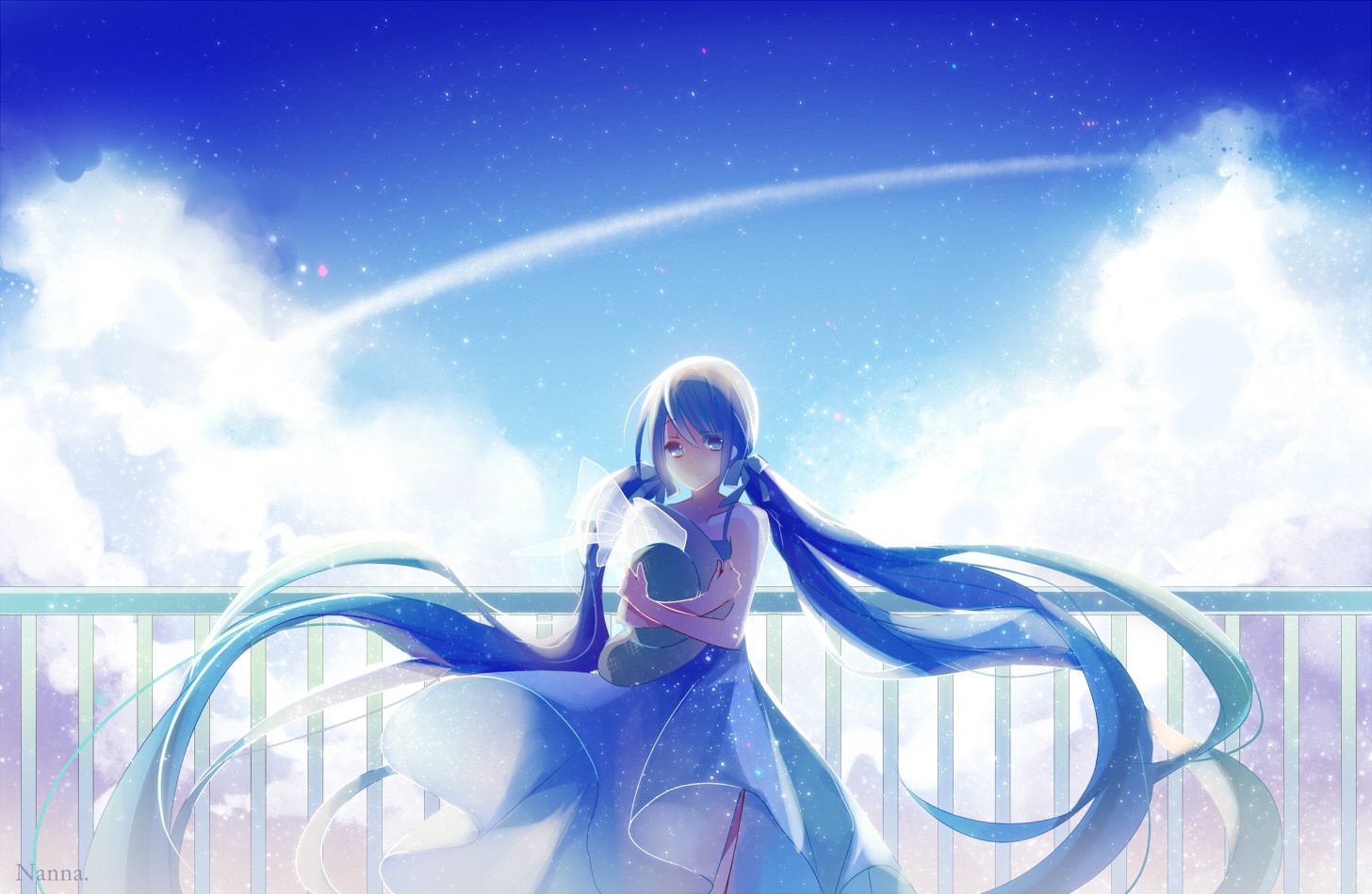 Hatsune Miku in a blue dress under a starry sky HD Wallpaper