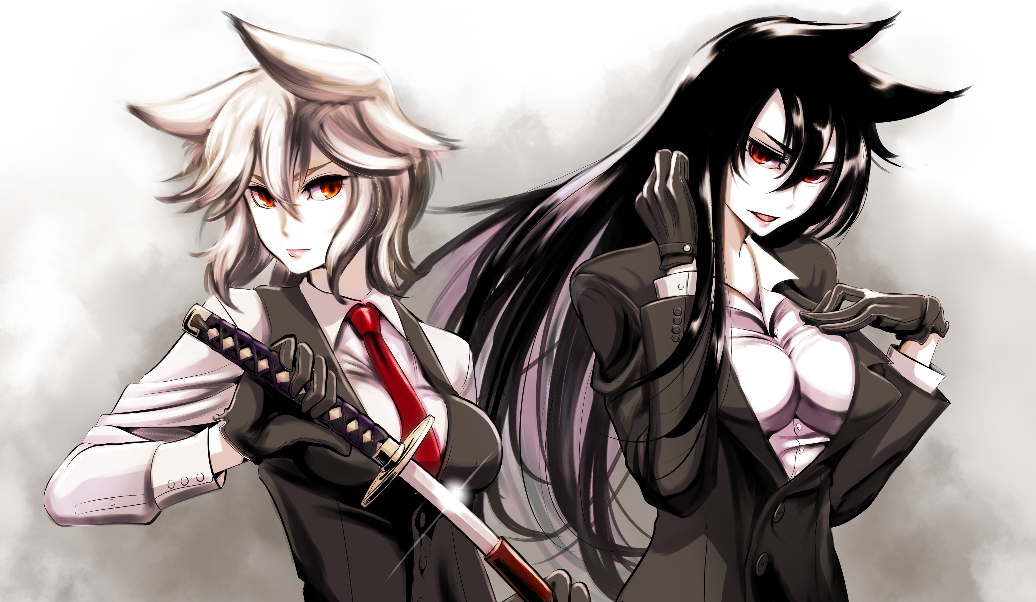 Two anime girls in suits with swords HD Wallpaper