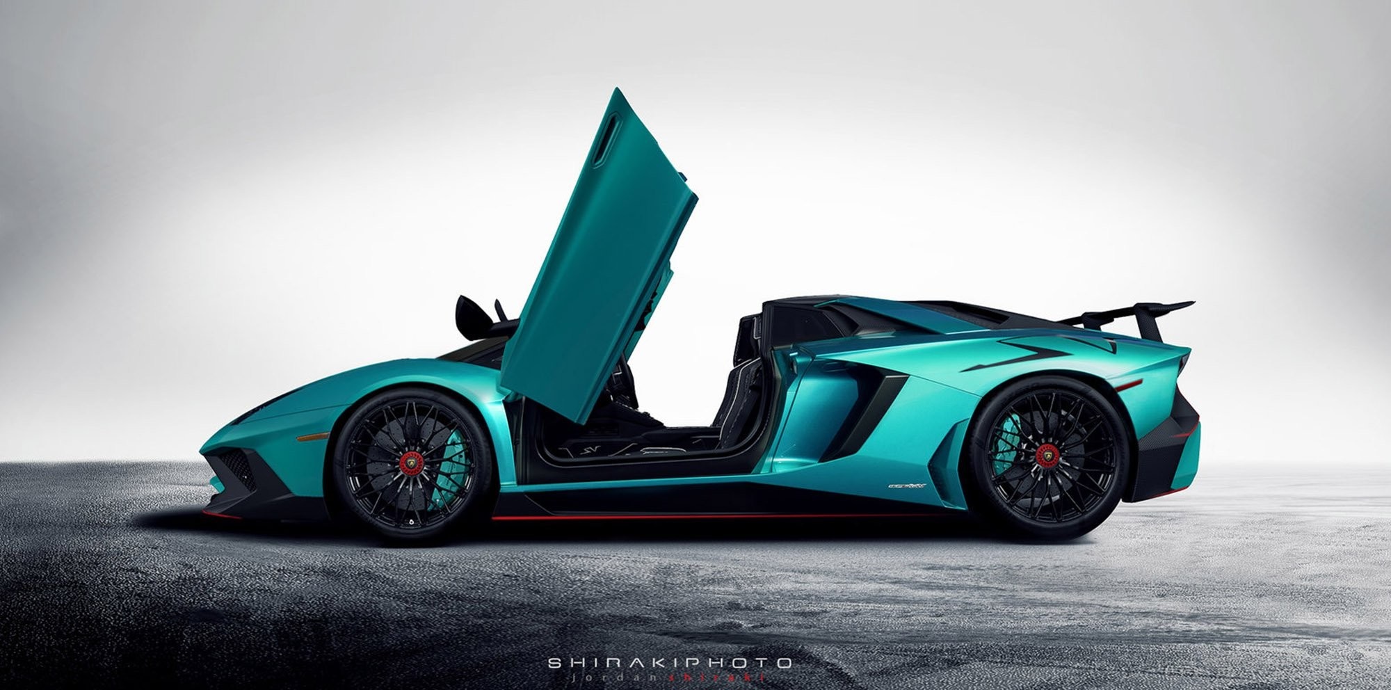 Teal Lamborghini Aventador SVJ Roadster with Doors Open HD Wallpaper
