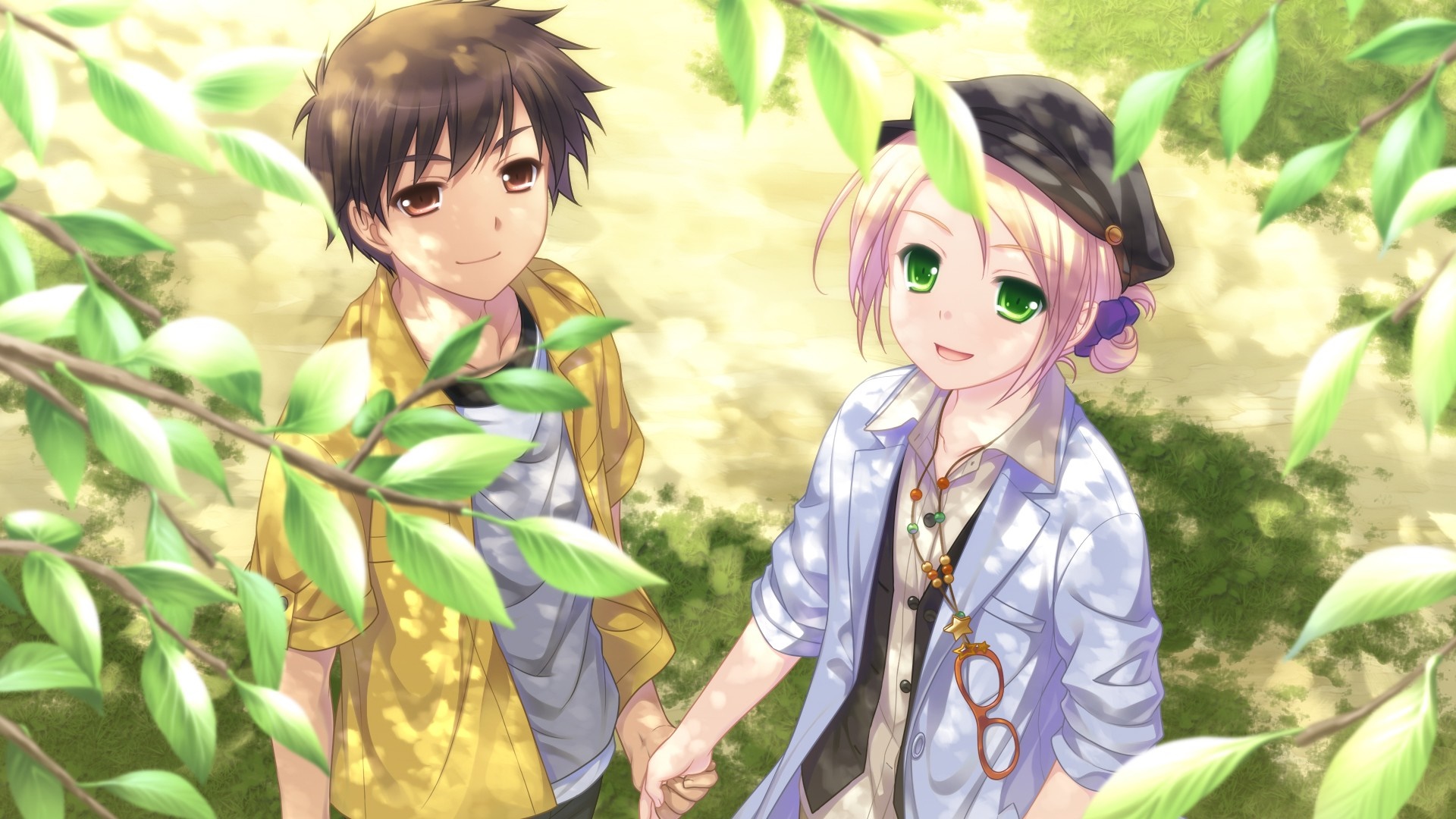 Anime couple holding hands in a sunlit forest HD Wallpaper