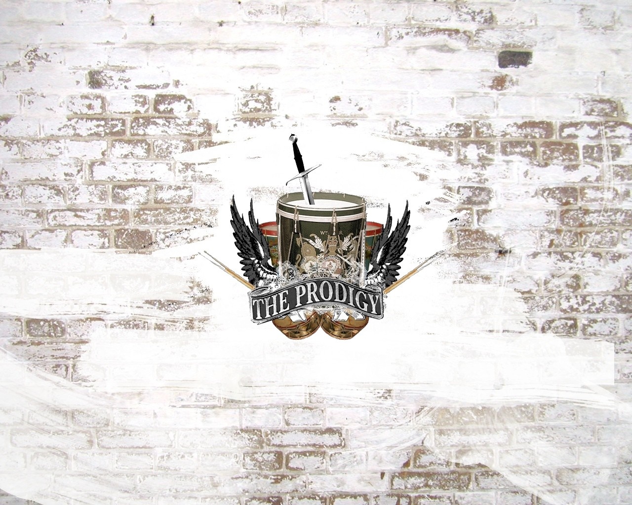 The Prodigy logo with drum and sword on brick wall HD Wallpaper