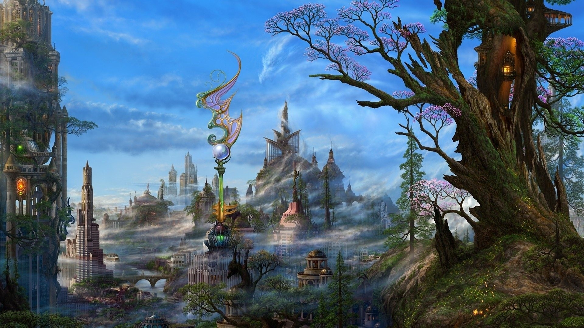 Fantasy city with tall buildings and a large tree HD Wallpaper