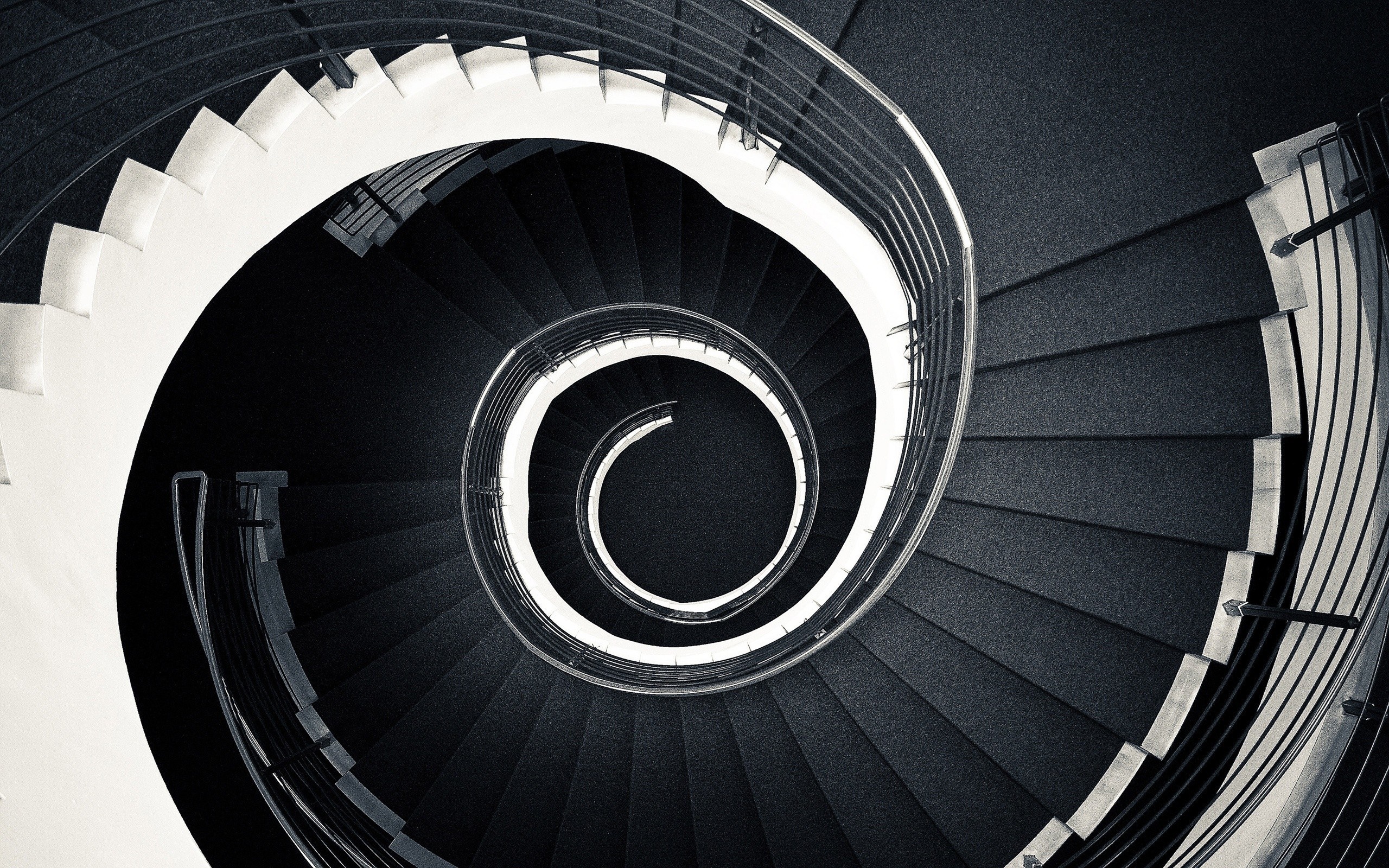 Monochrome spiral staircase with metal railings HD Wallpaper