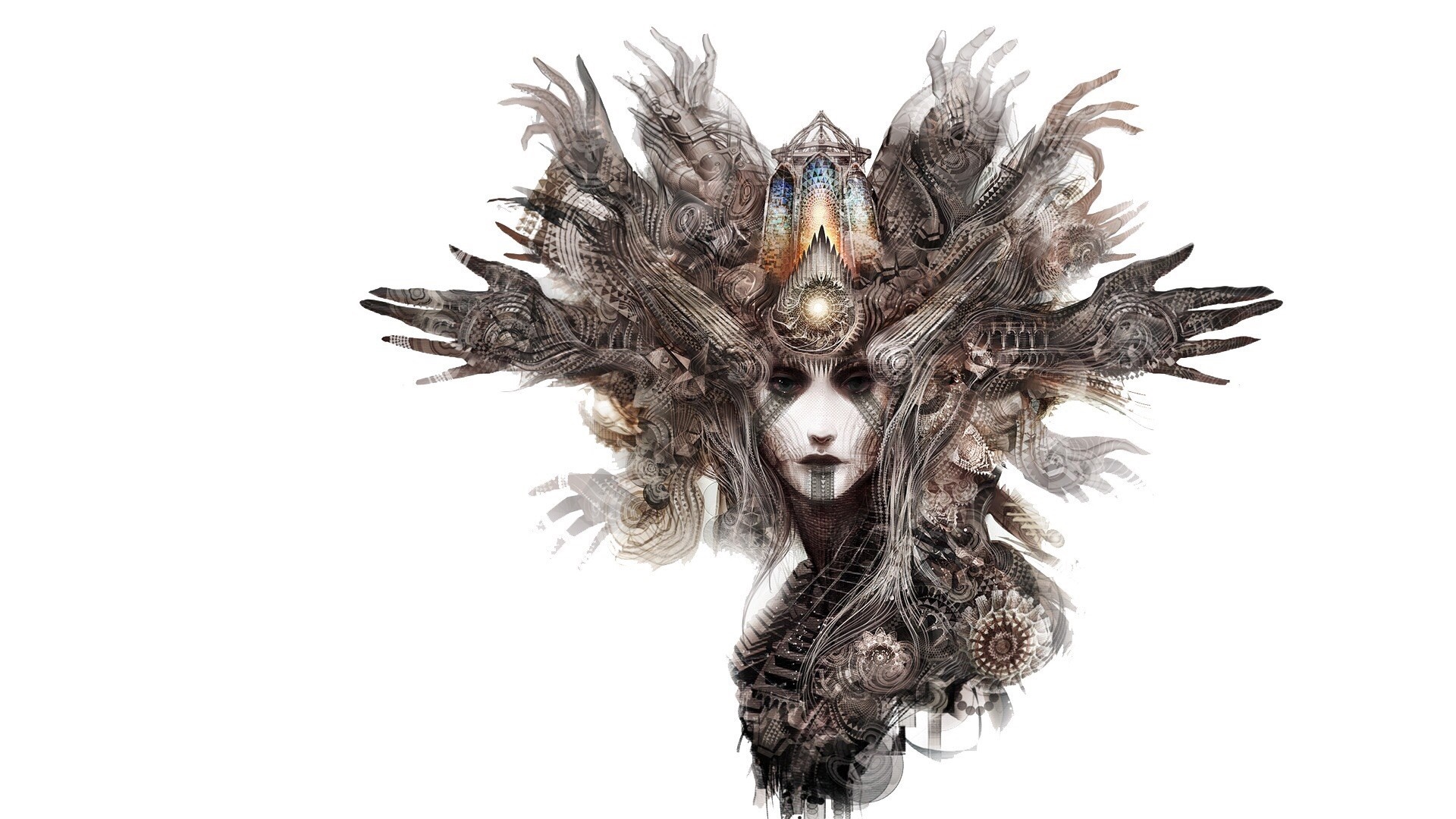 Surreal portrait of a woman with mechanical headdress HD Wallpaper