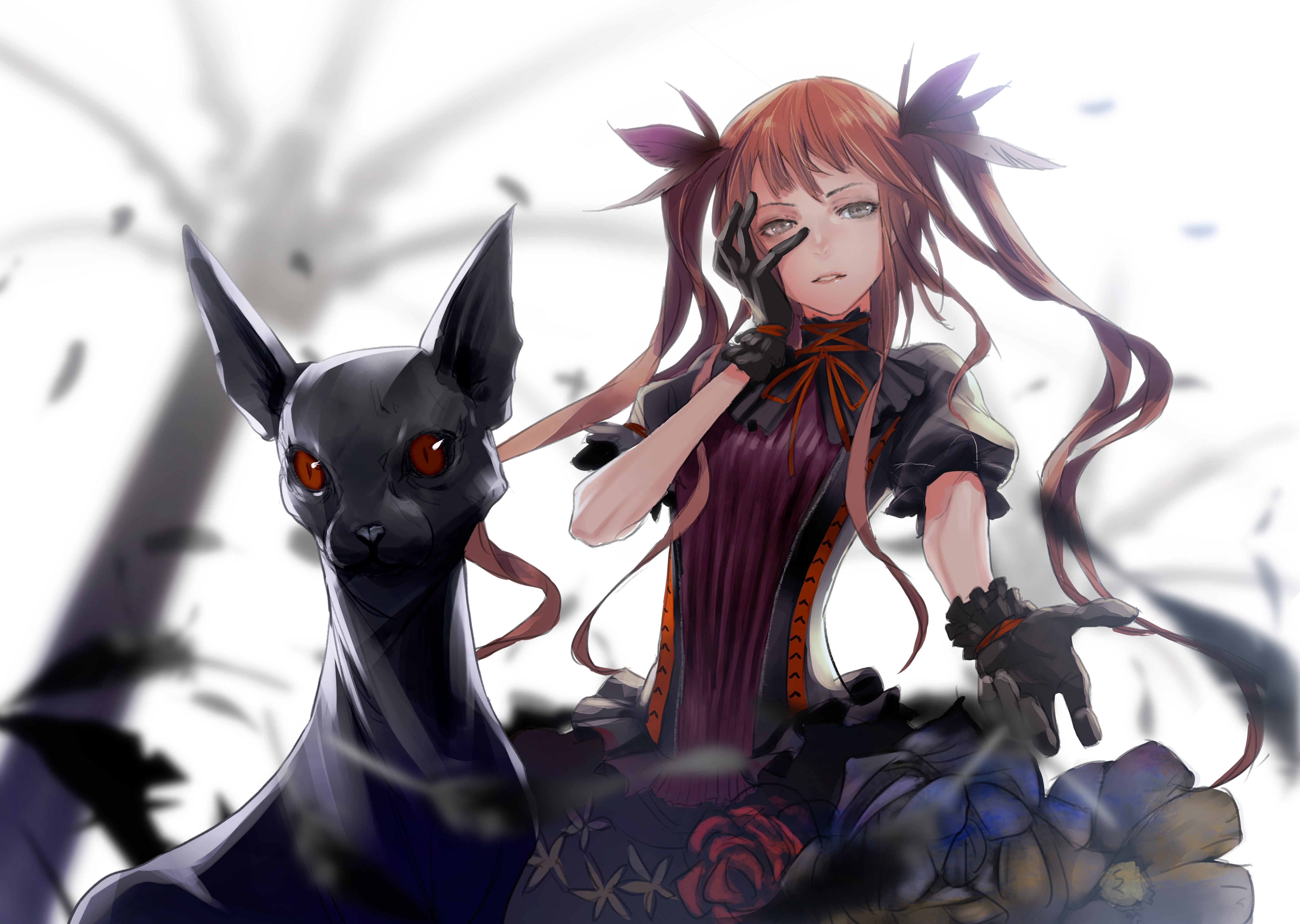 Anime girl with twintails and black cat HD Wallpaper
